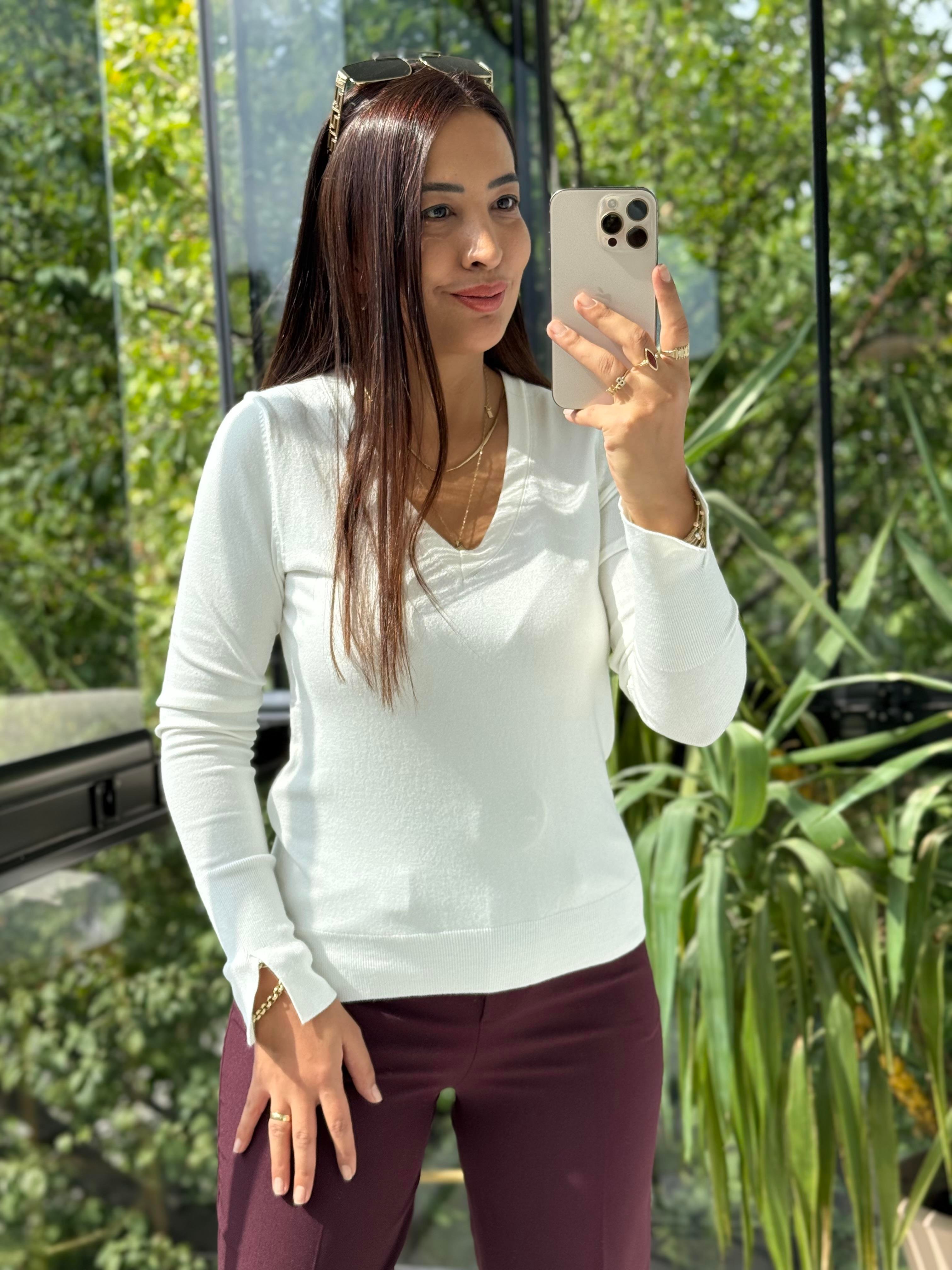 Dilvin V Yaka Kolu Yırtmaçlı Kazak Ekru