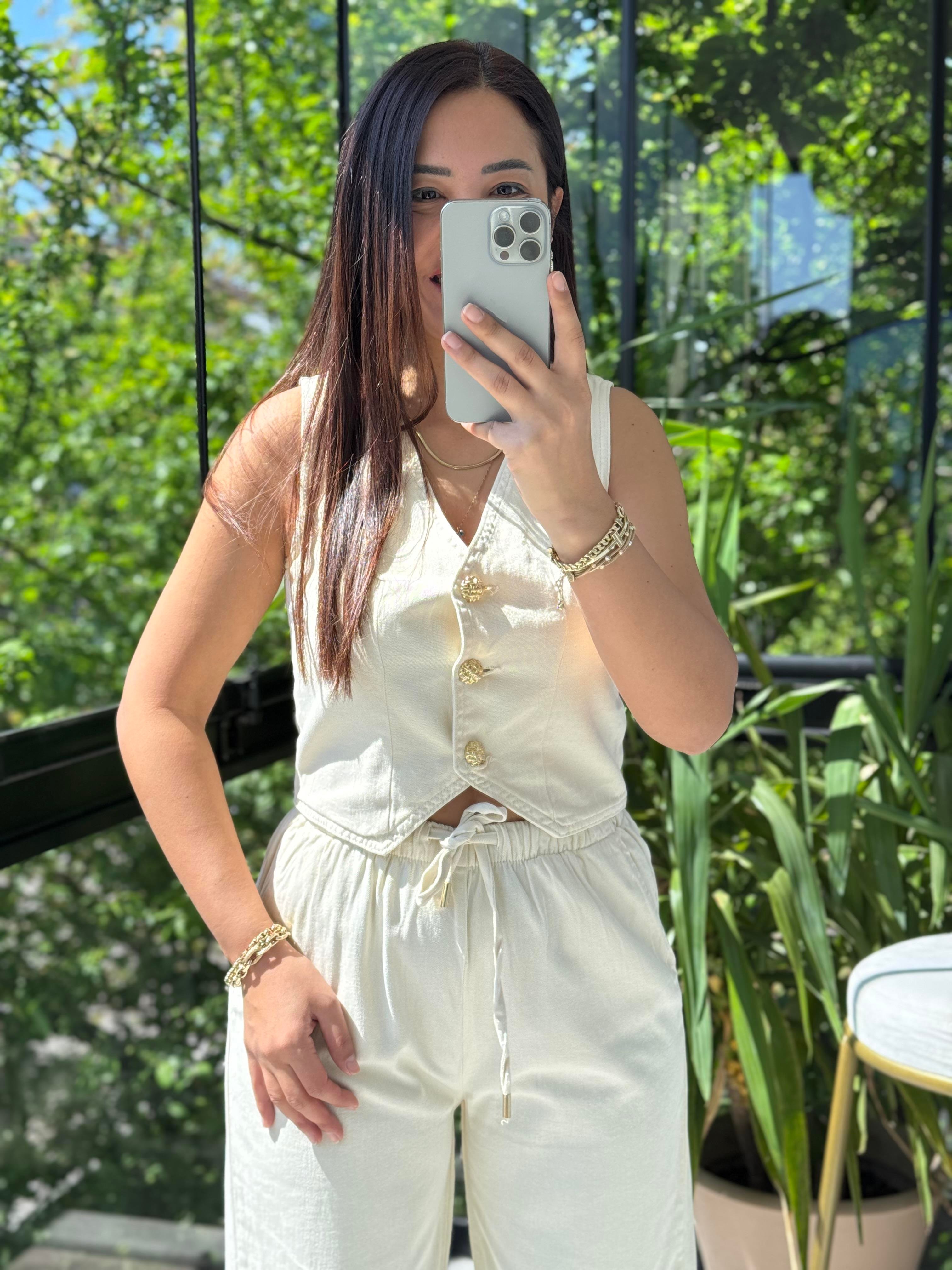 Düğmeli Keten Yelek Bej