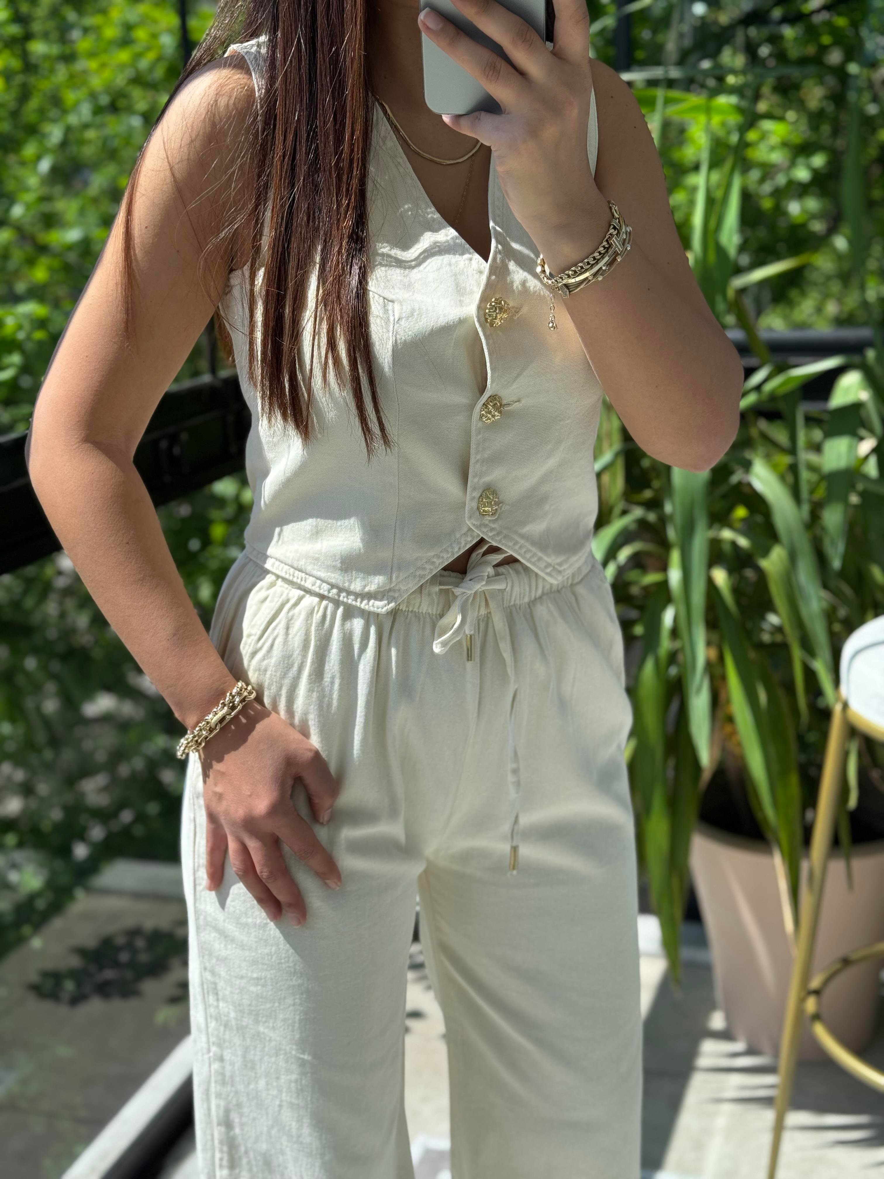 Düğmeli Keten Yelek Bej