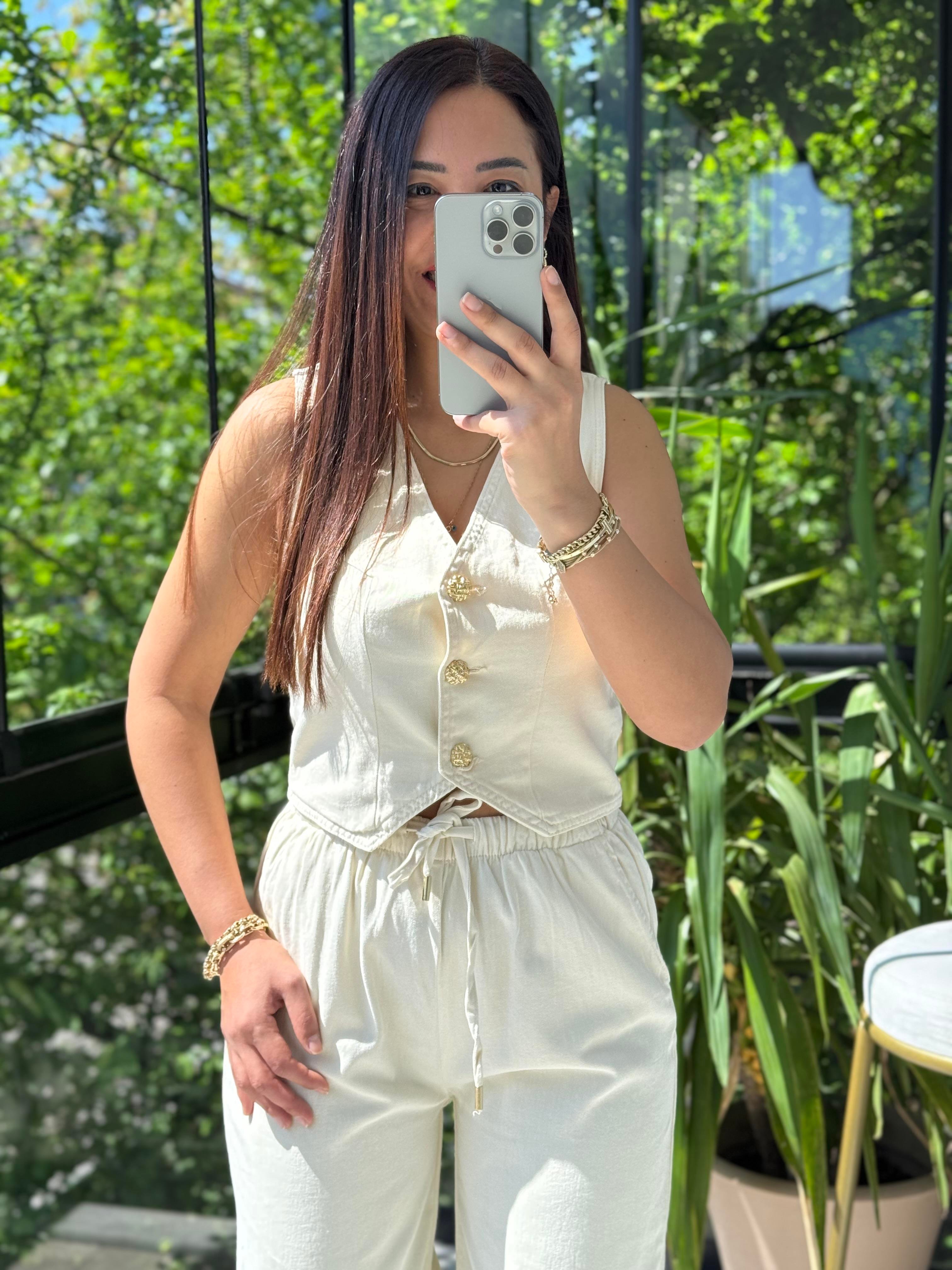 Düğmeli Keten Yelek Bej