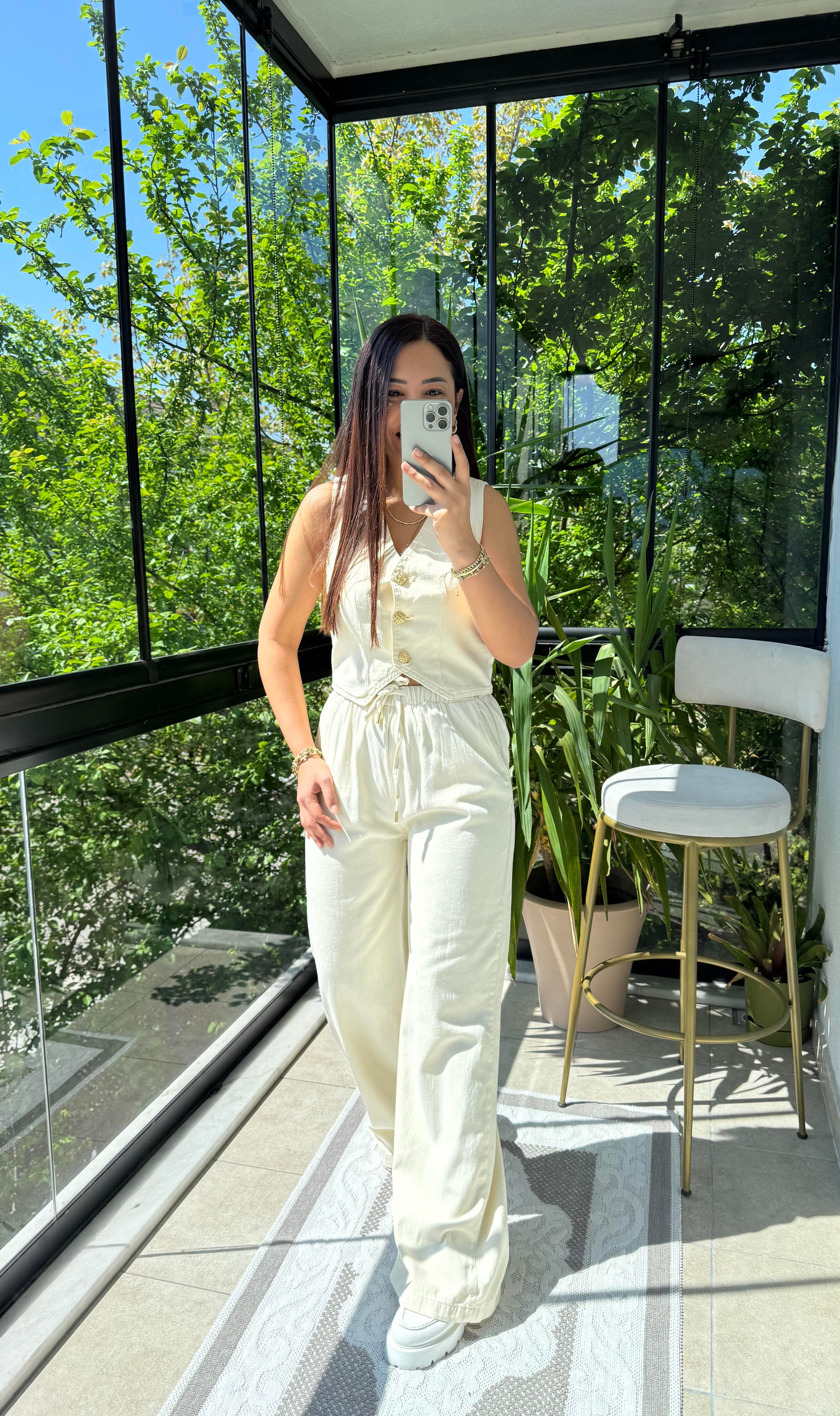 Düğmeli Keten Yelek Bej