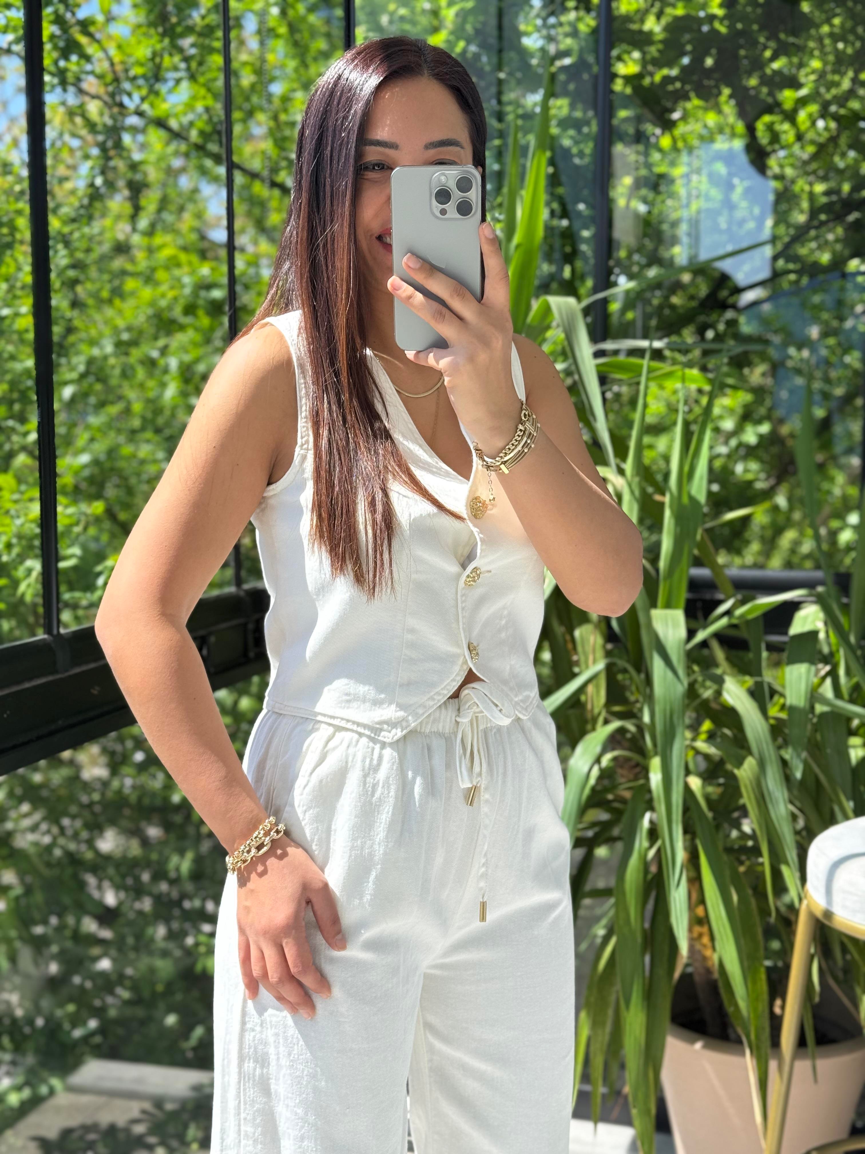 Düğmeli Keten Yelek Ekru