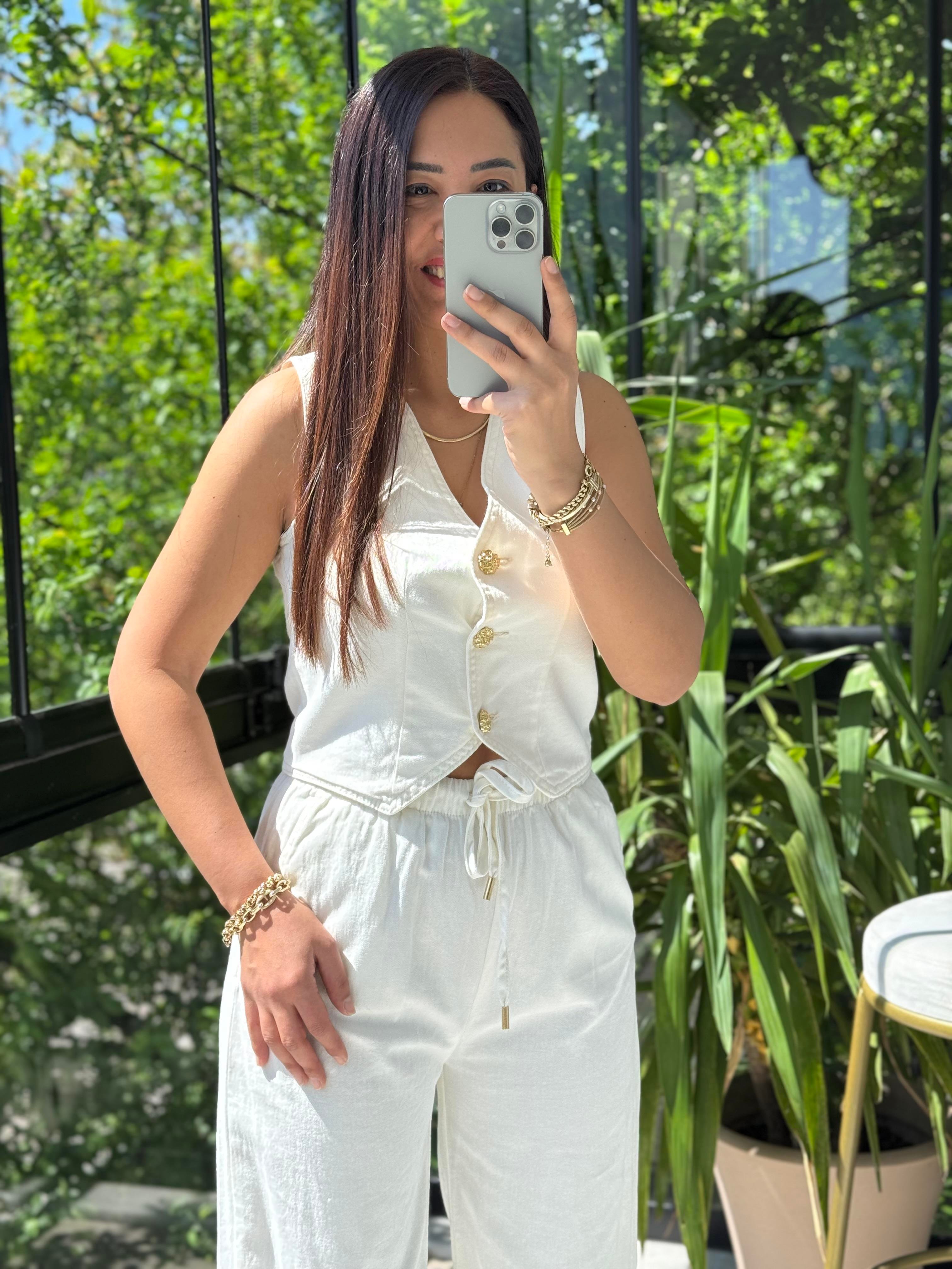 Düğmeli Keten Yelek Ekru