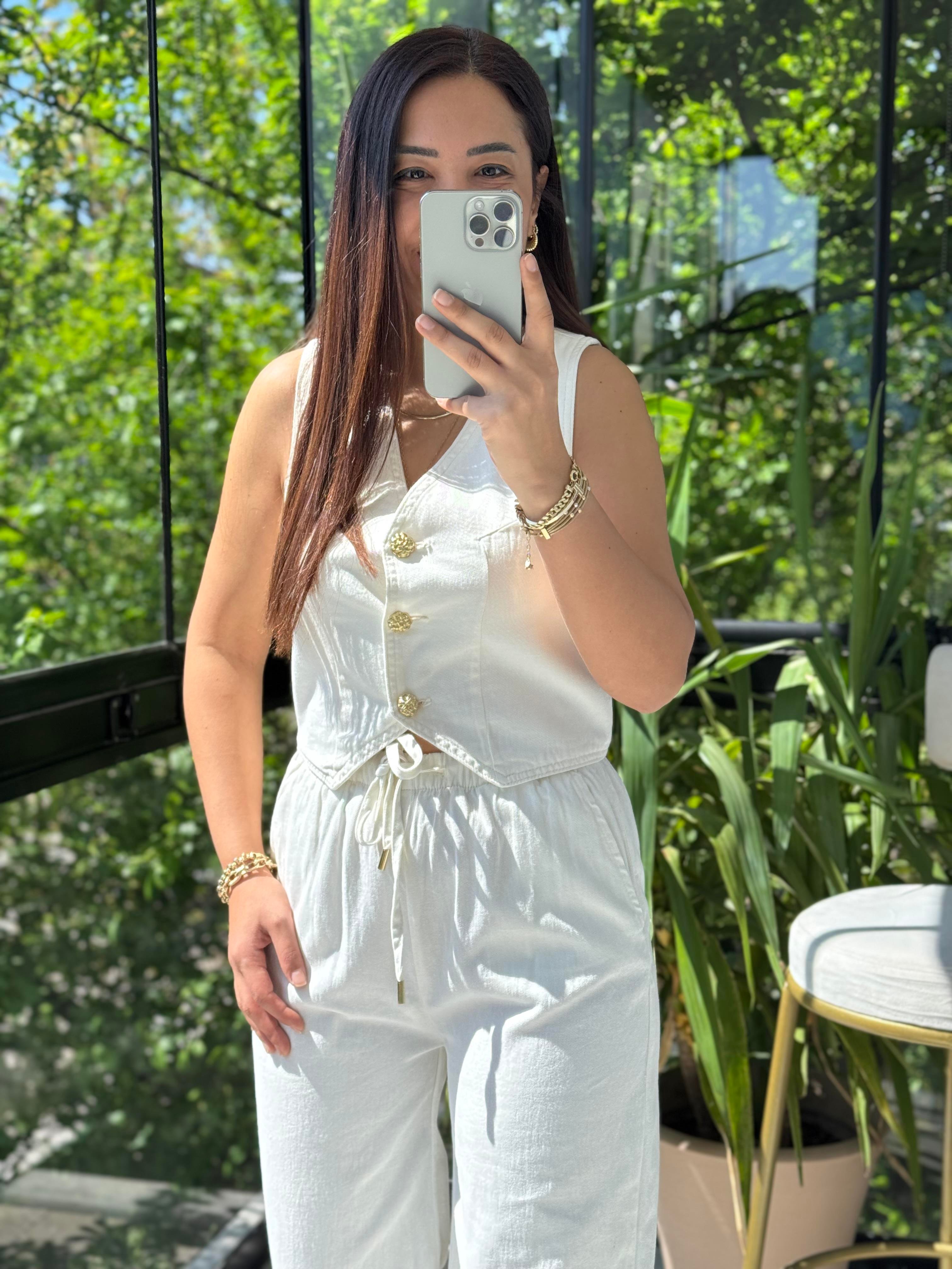 Düğmeli Keten Yelek Ekru