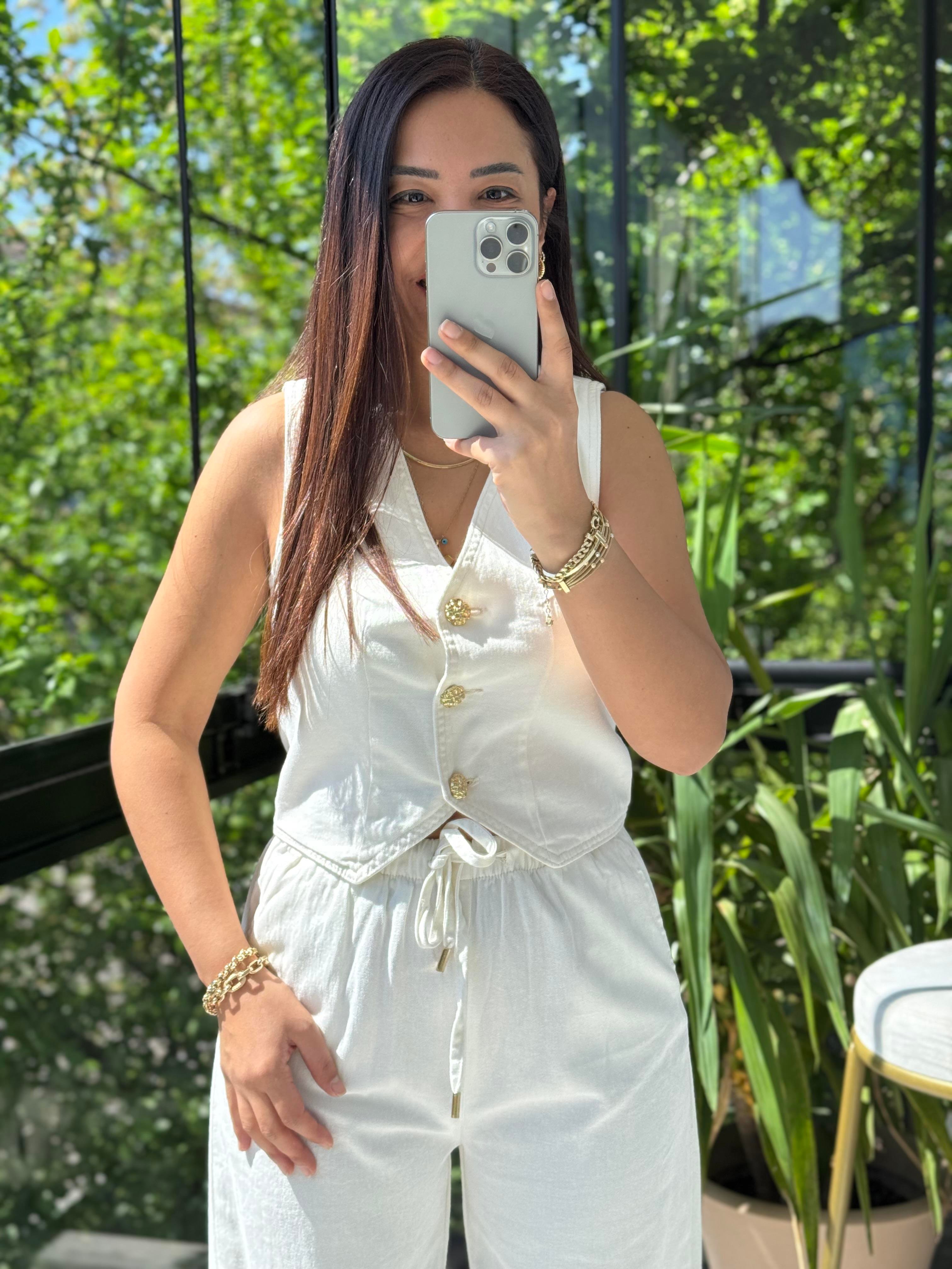 Düğmeli Keten Yelek Ekru