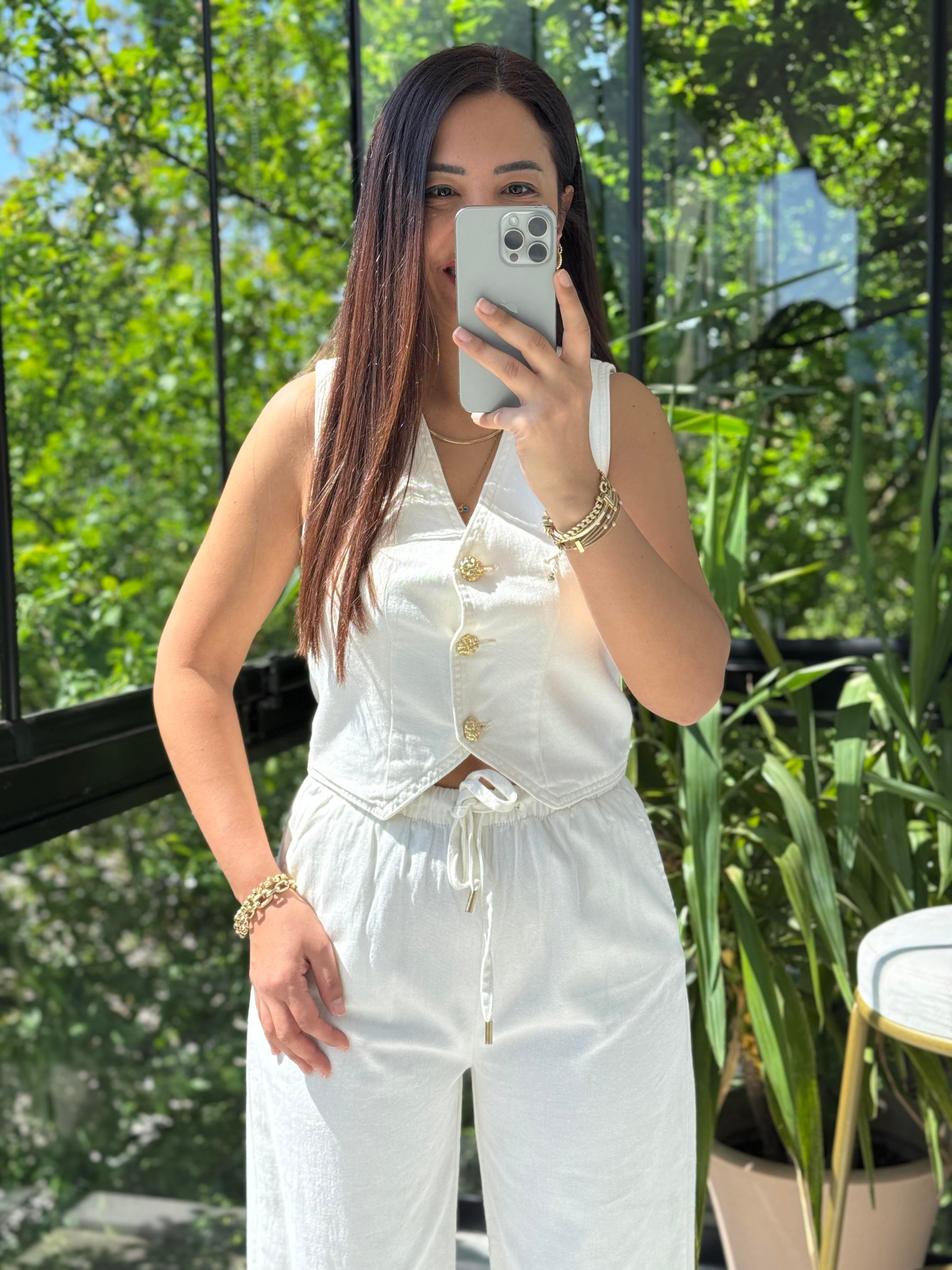 Düğmeli Keten Yelek Ekru