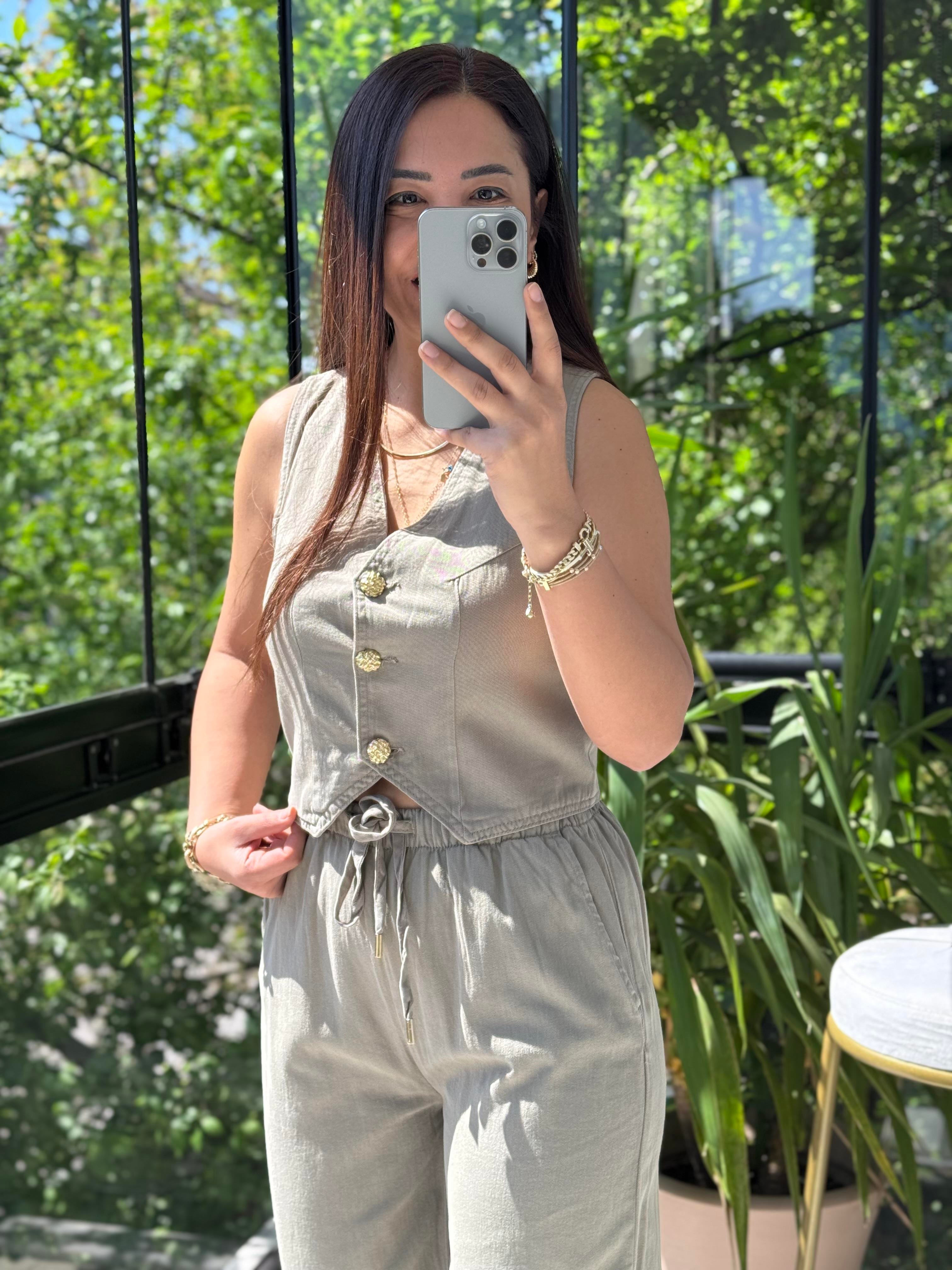 Düğmeli Keten Yelek Haki Yeşili