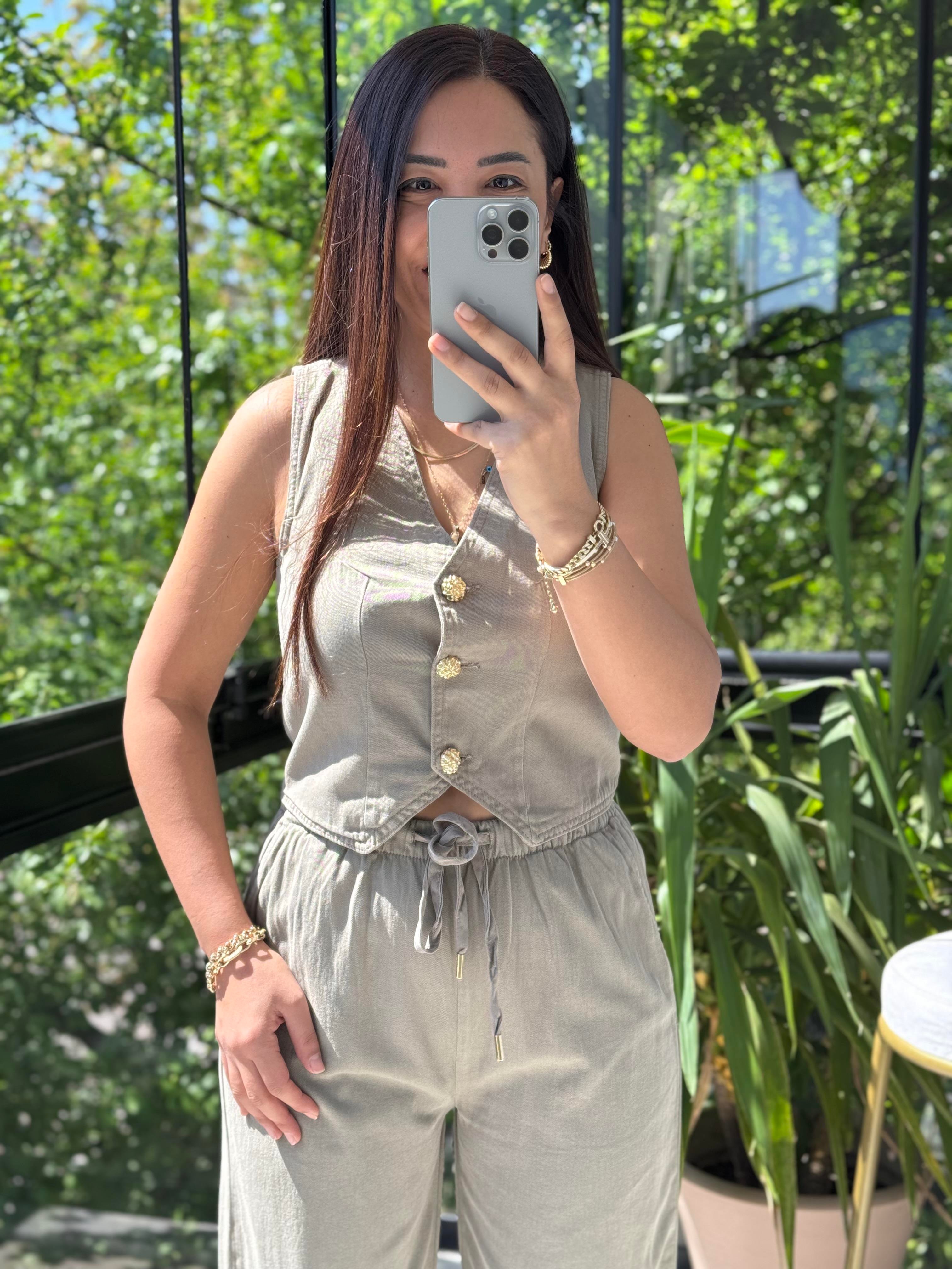 Düğmeli Keten Yelek Haki Yeşili