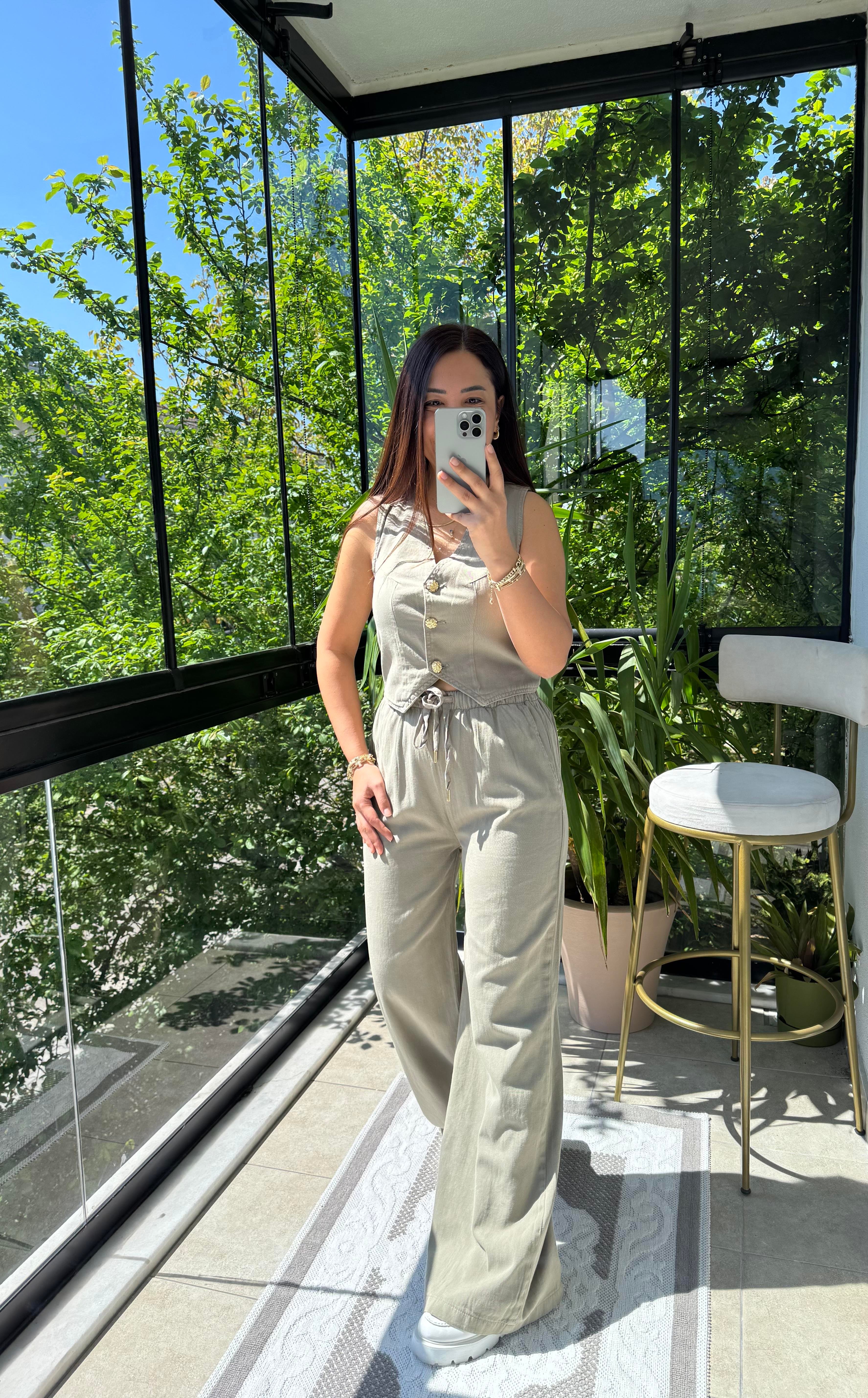 Düğmeli Keten Yelek Haki Yeşili