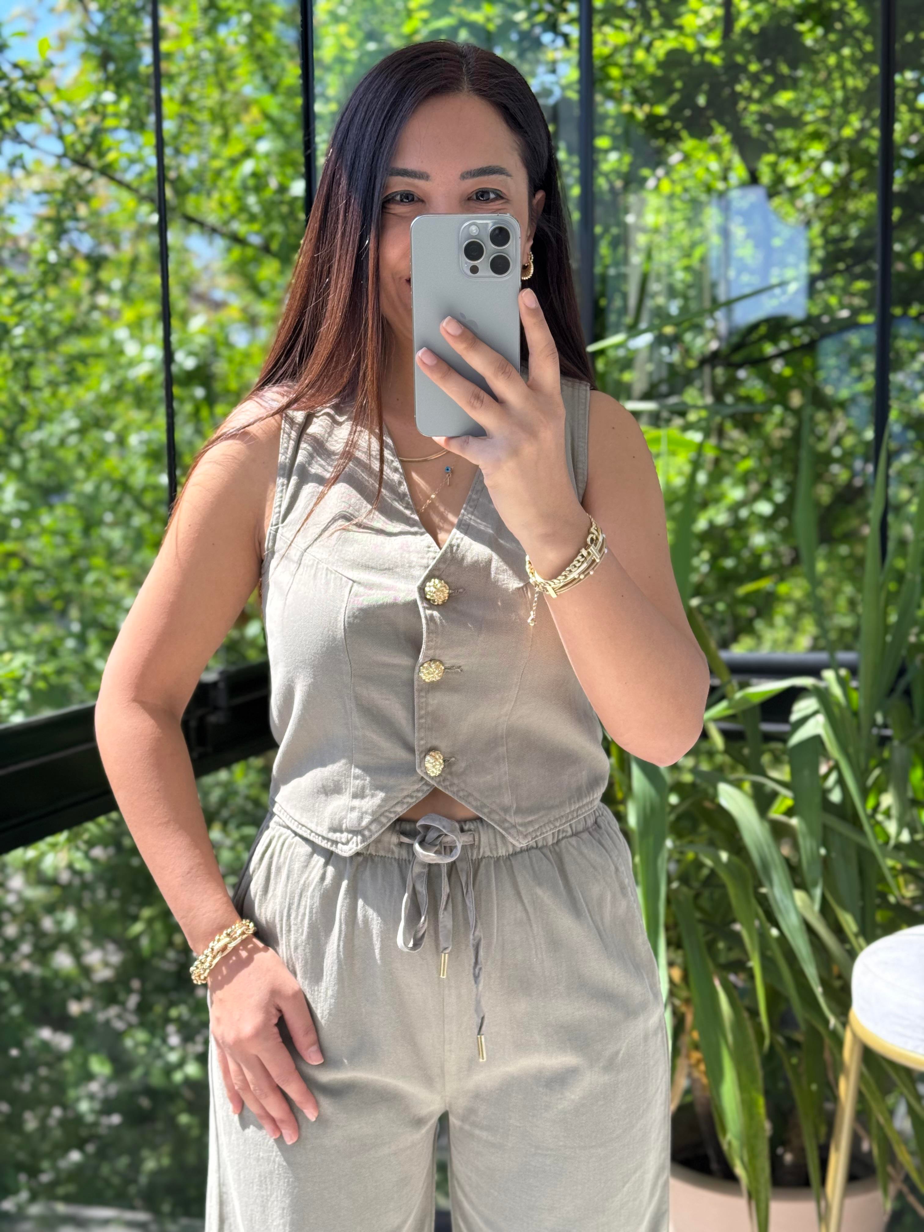 Düğmeli Keten Yelek Haki Yeşili