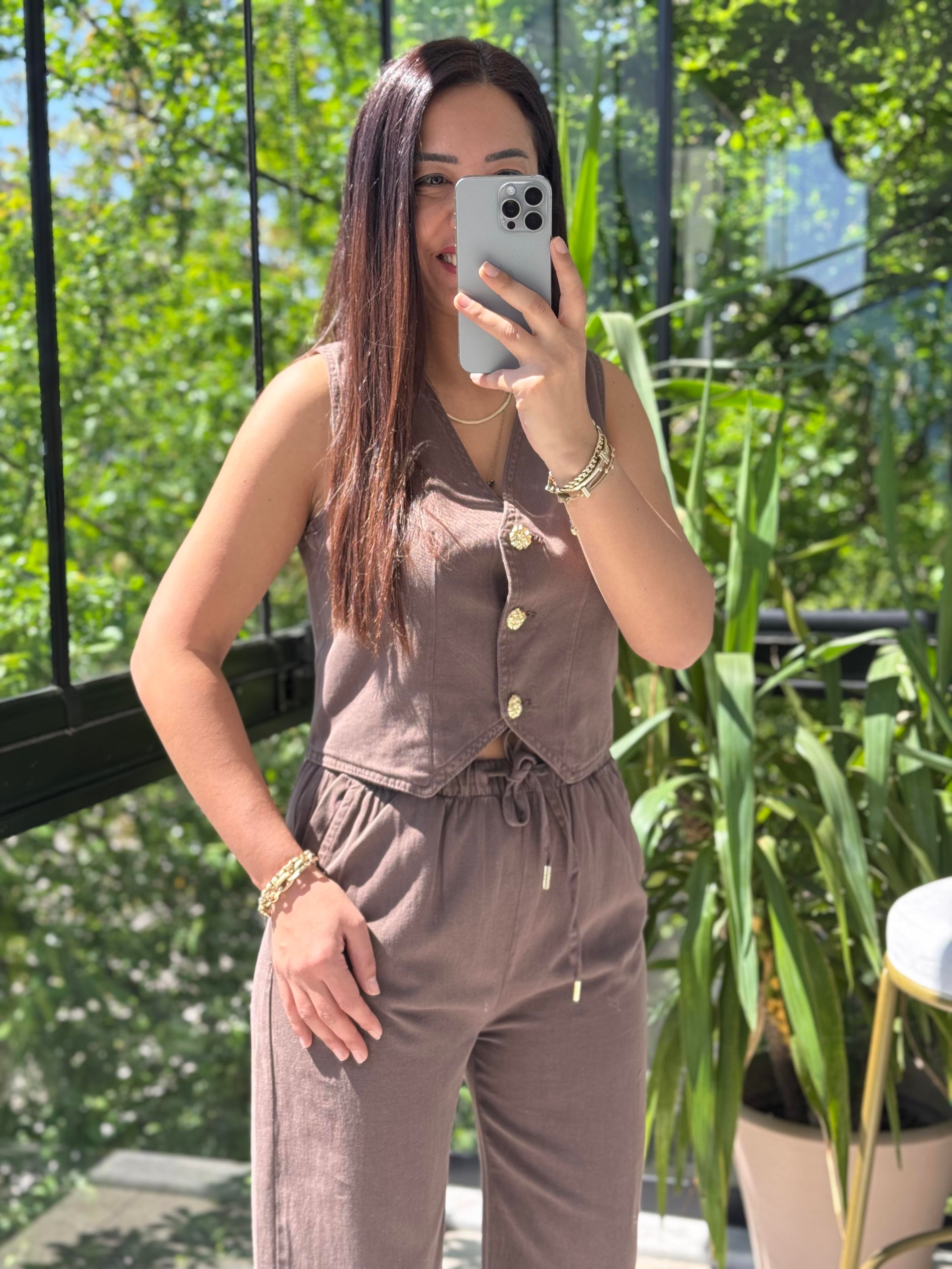 Düğmeli Keten Yelek Kahve