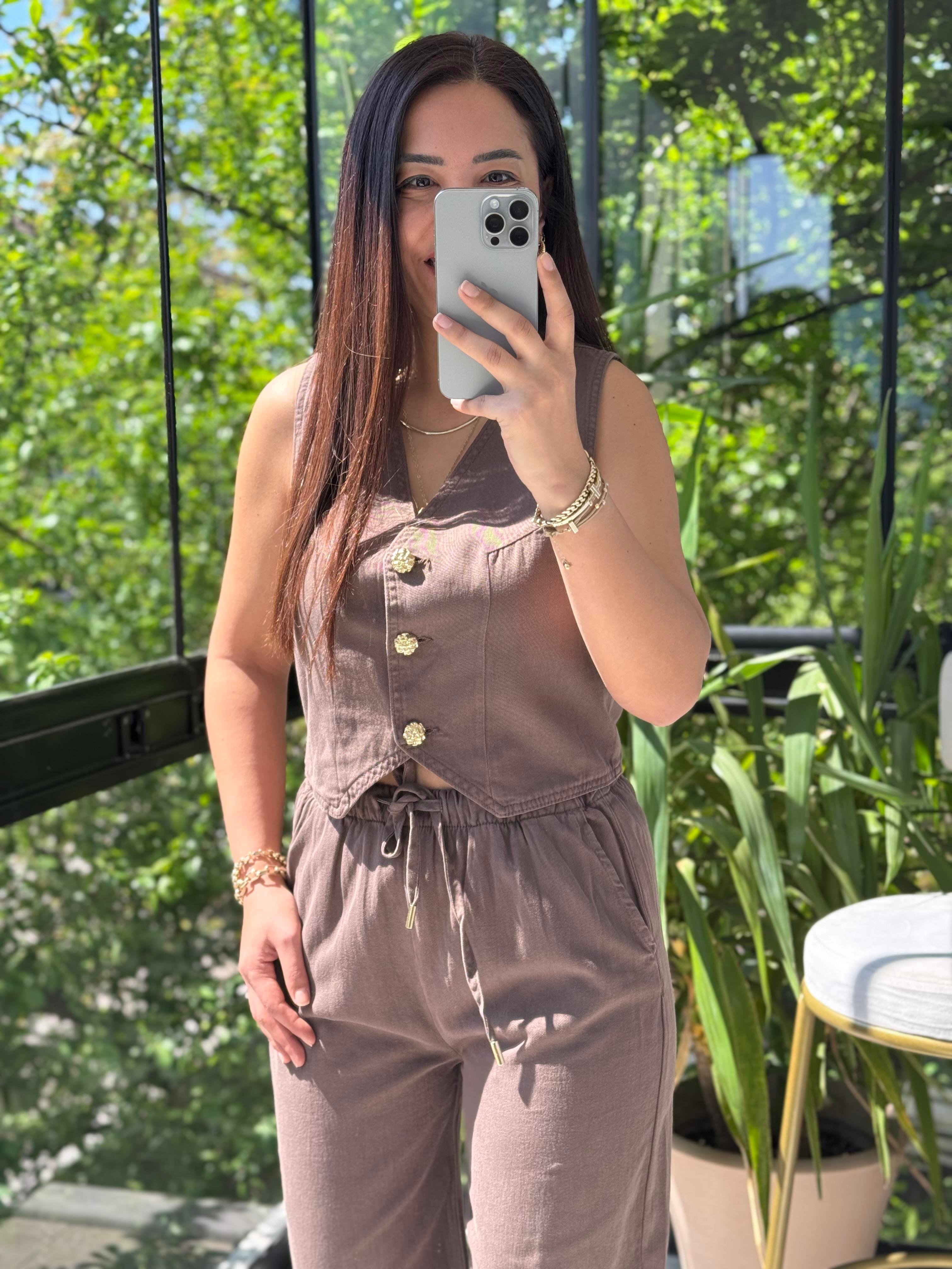 Düğmeli Keten Yelek Kahve