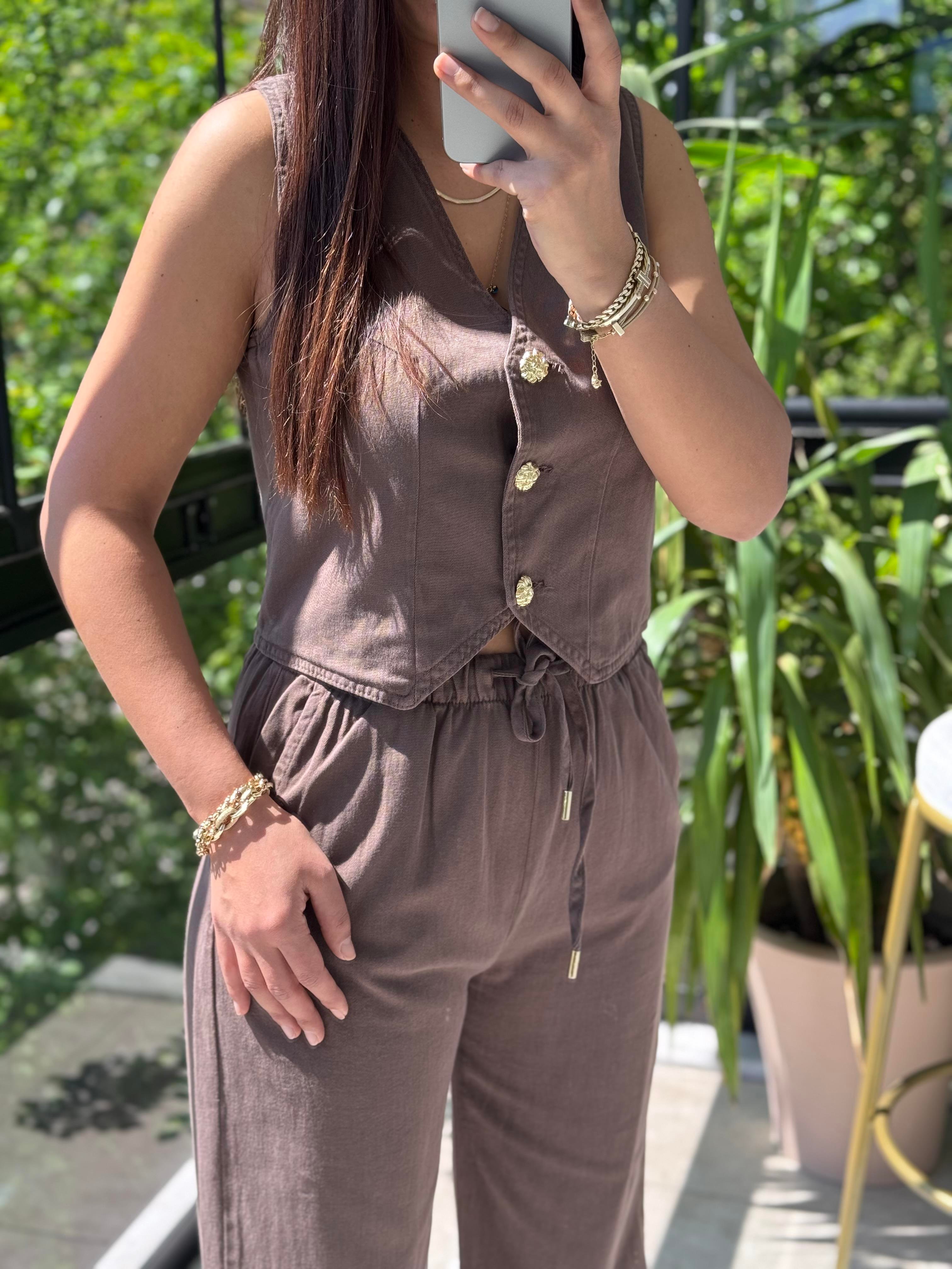 Düğmeli Keten Yelek Kahve