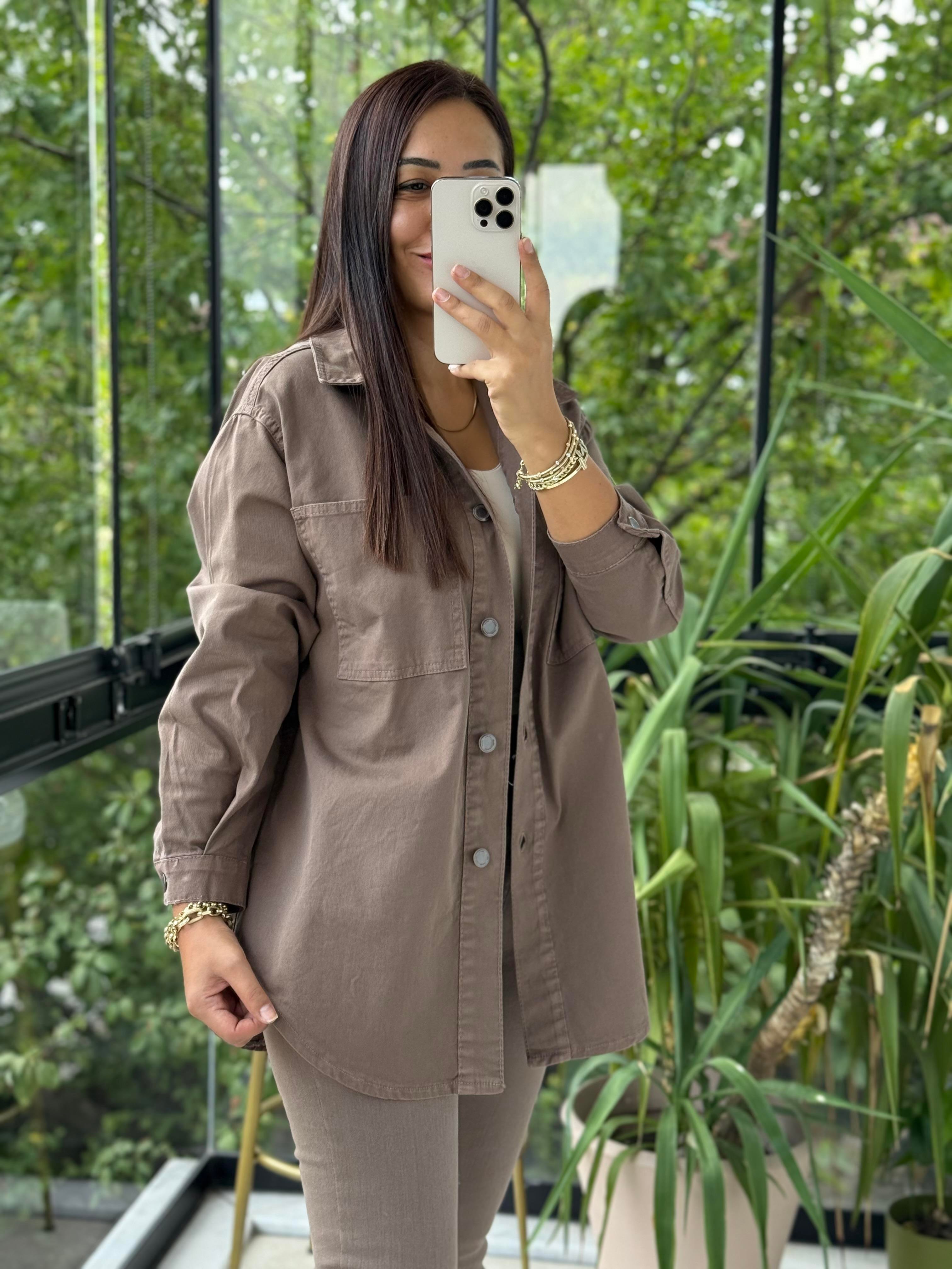 Düğmeli Oversize Gömlek Kahve