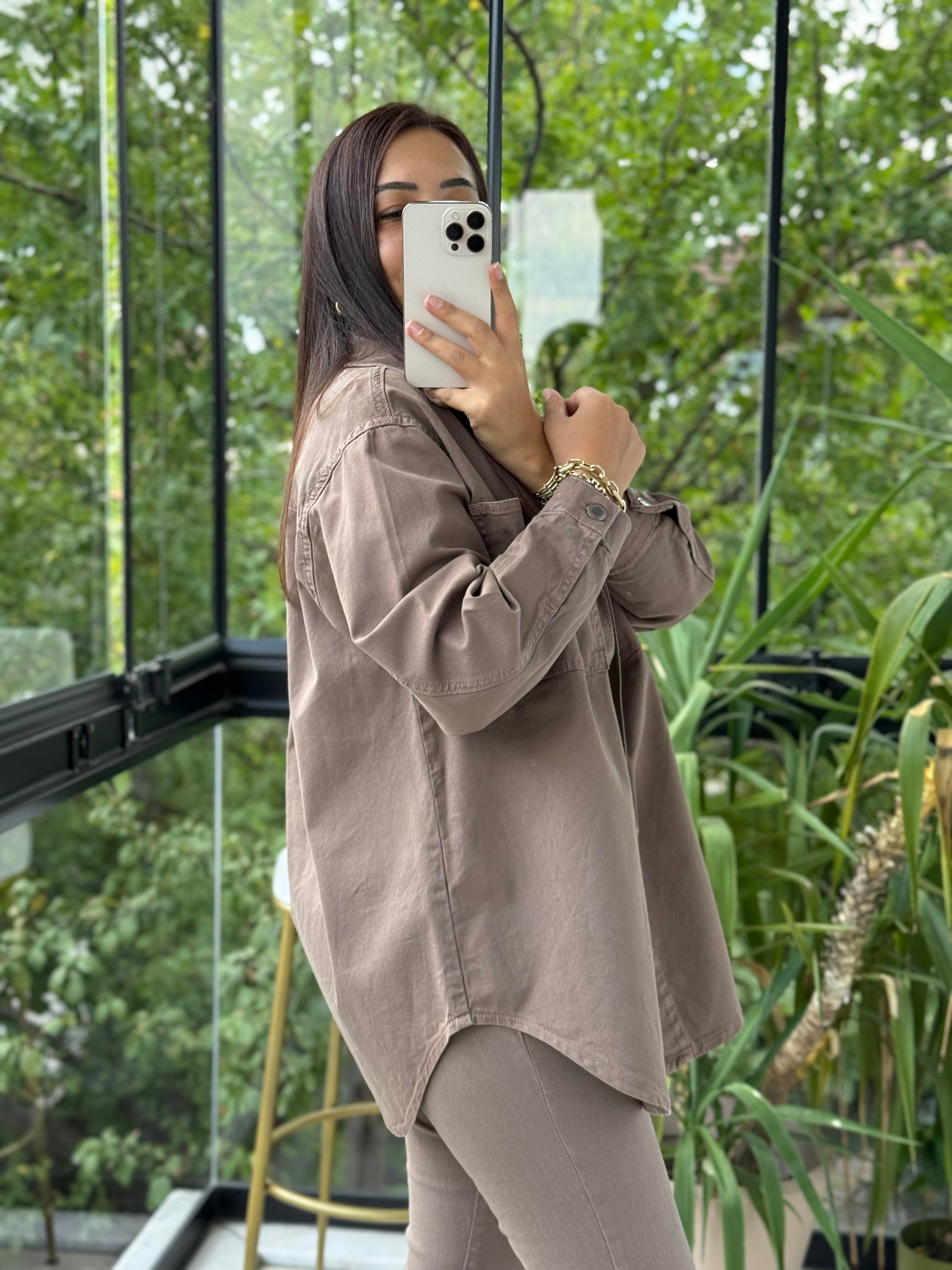 Düğmeli Oversize Gömlek Kahve