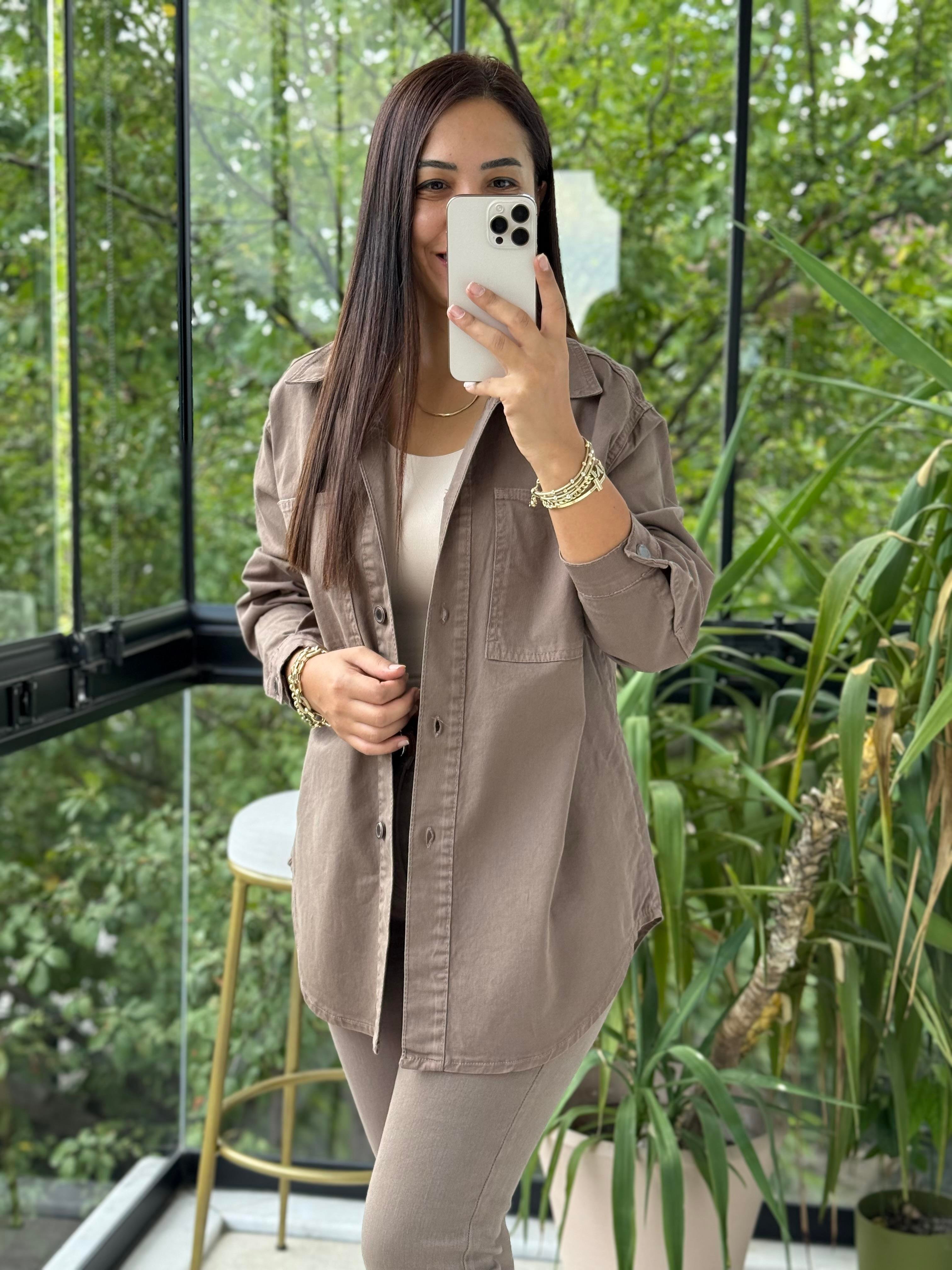 Düğmeli Oversize Gömlek Kahve