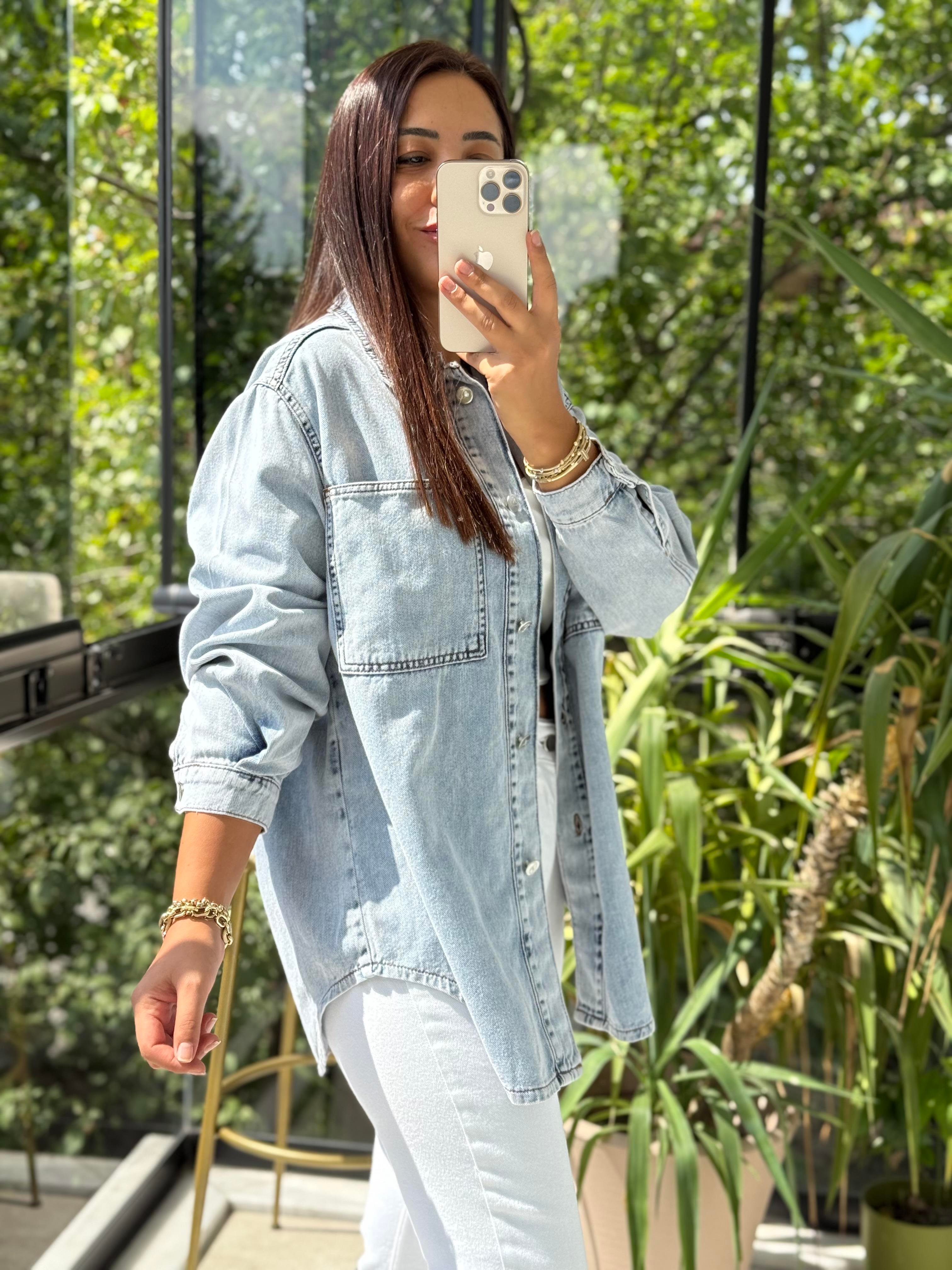 Düğmeli Oversize Gömlek Kare Yıkama