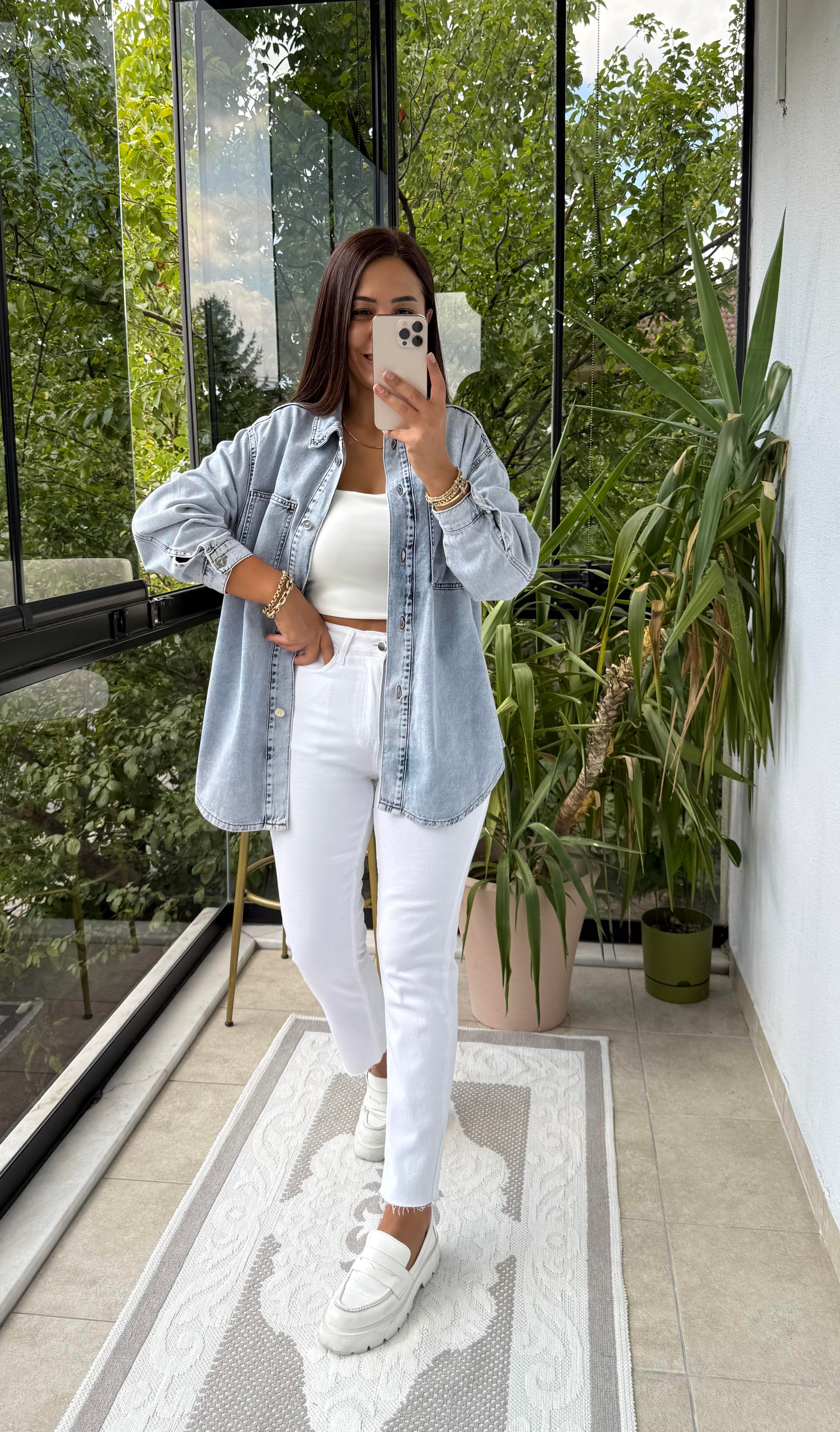 Düğmeli Oversize Gömlek Kare Yıkama