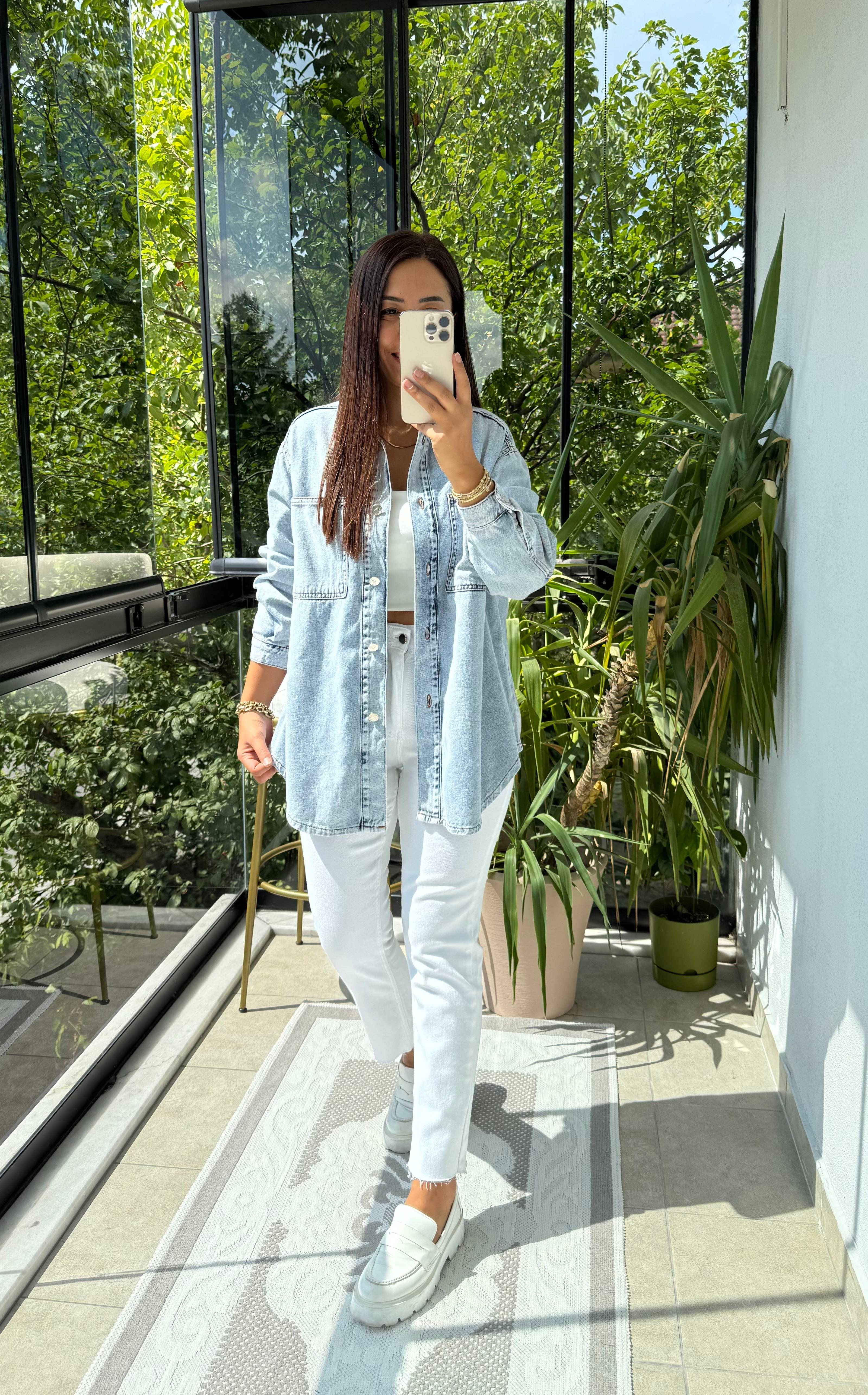 Düğmeli Oversize Gömlek Kare Yıkama