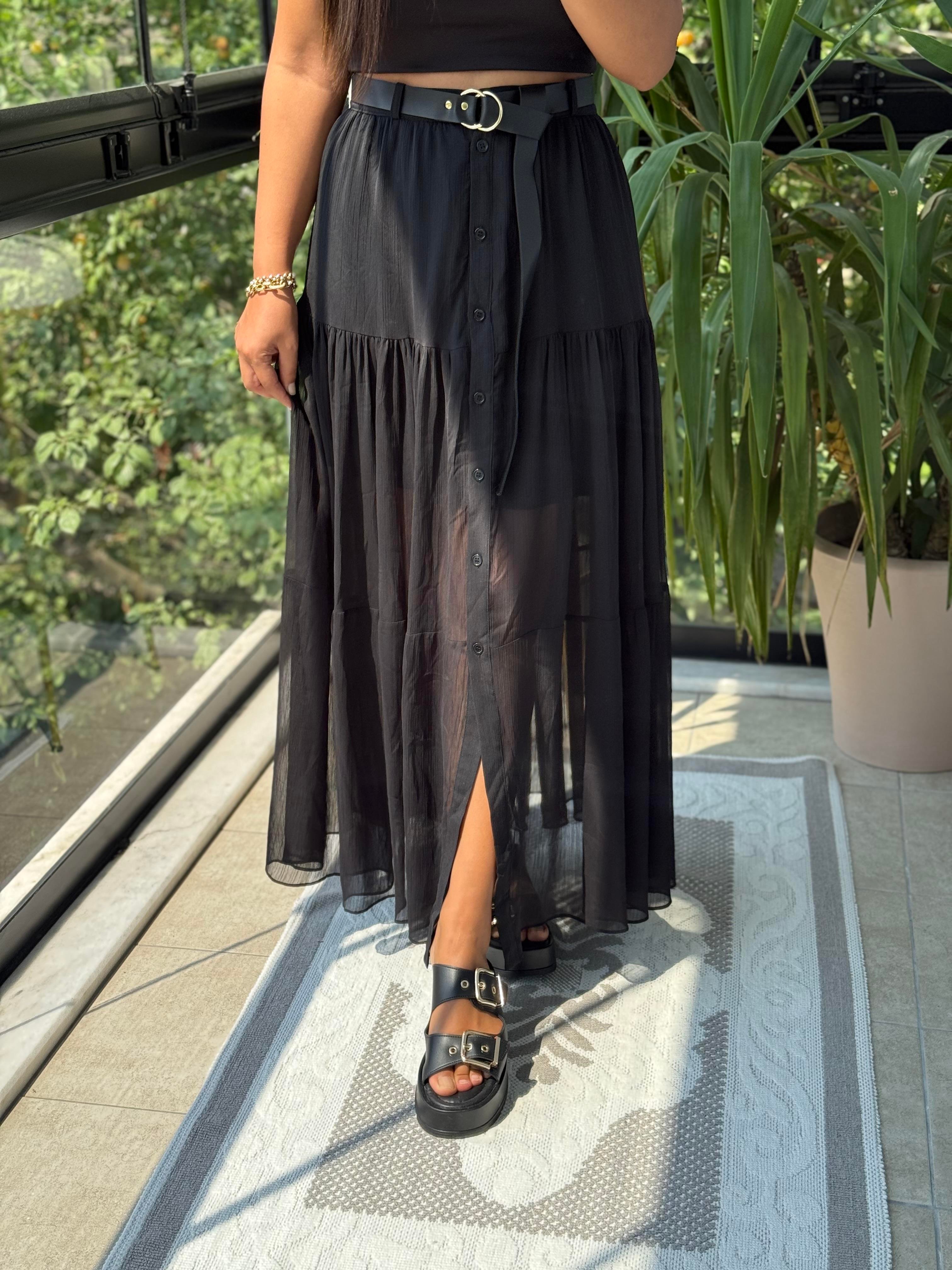 Düğmeli Tül Etek Siyah