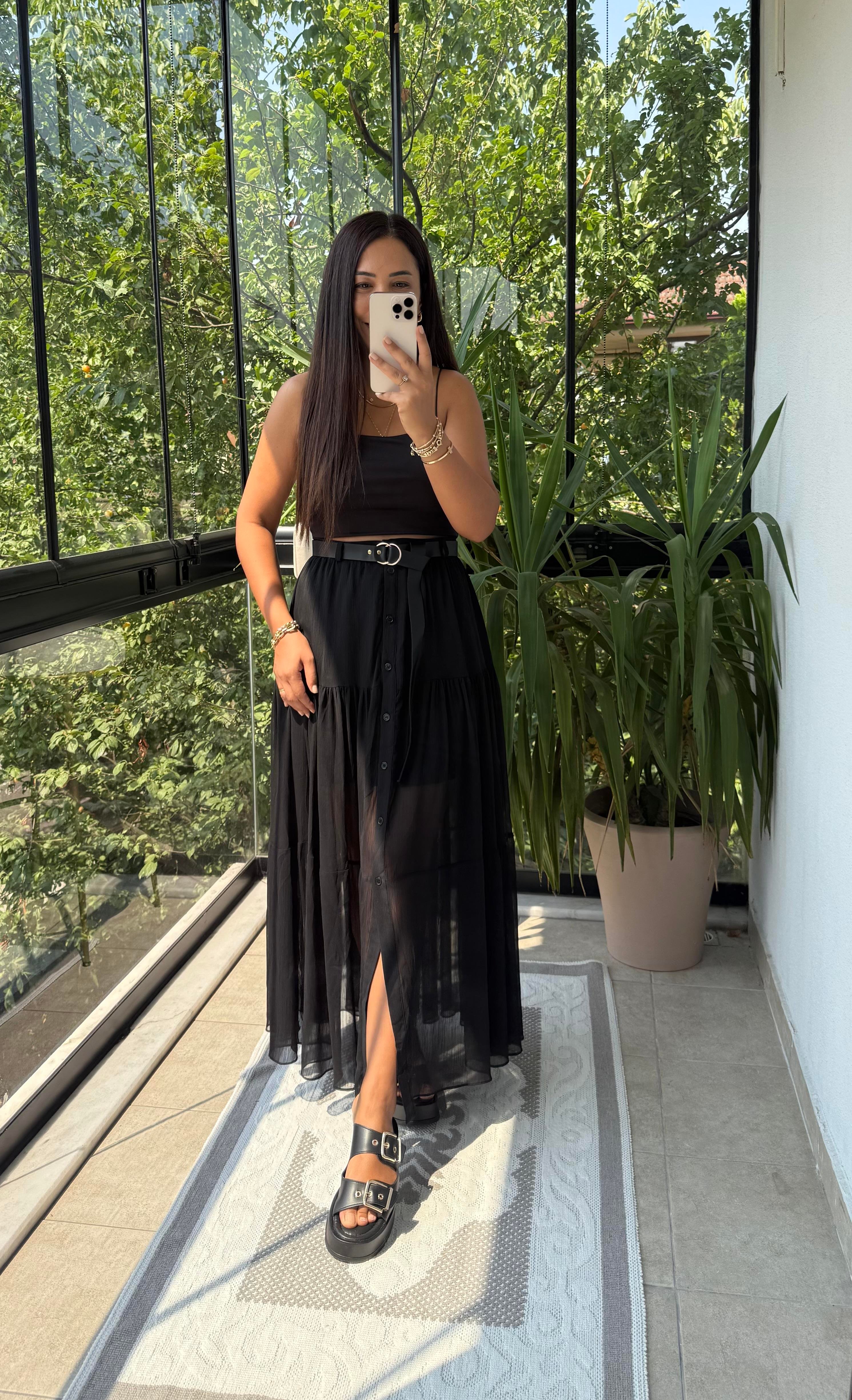 Düğmeli Tül Etek Siyah