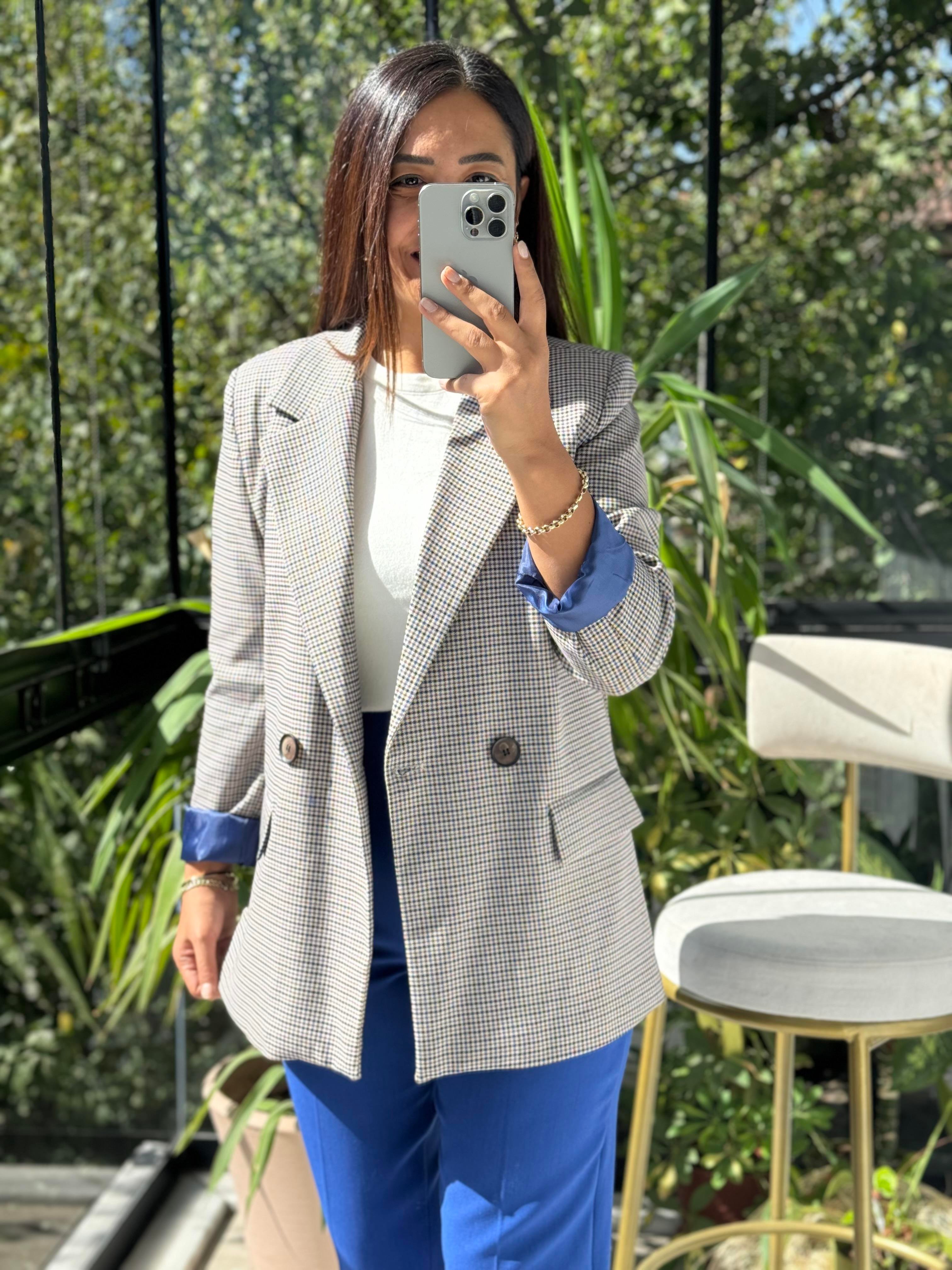 Ekose İki Düğme Ceket Sax Mavi