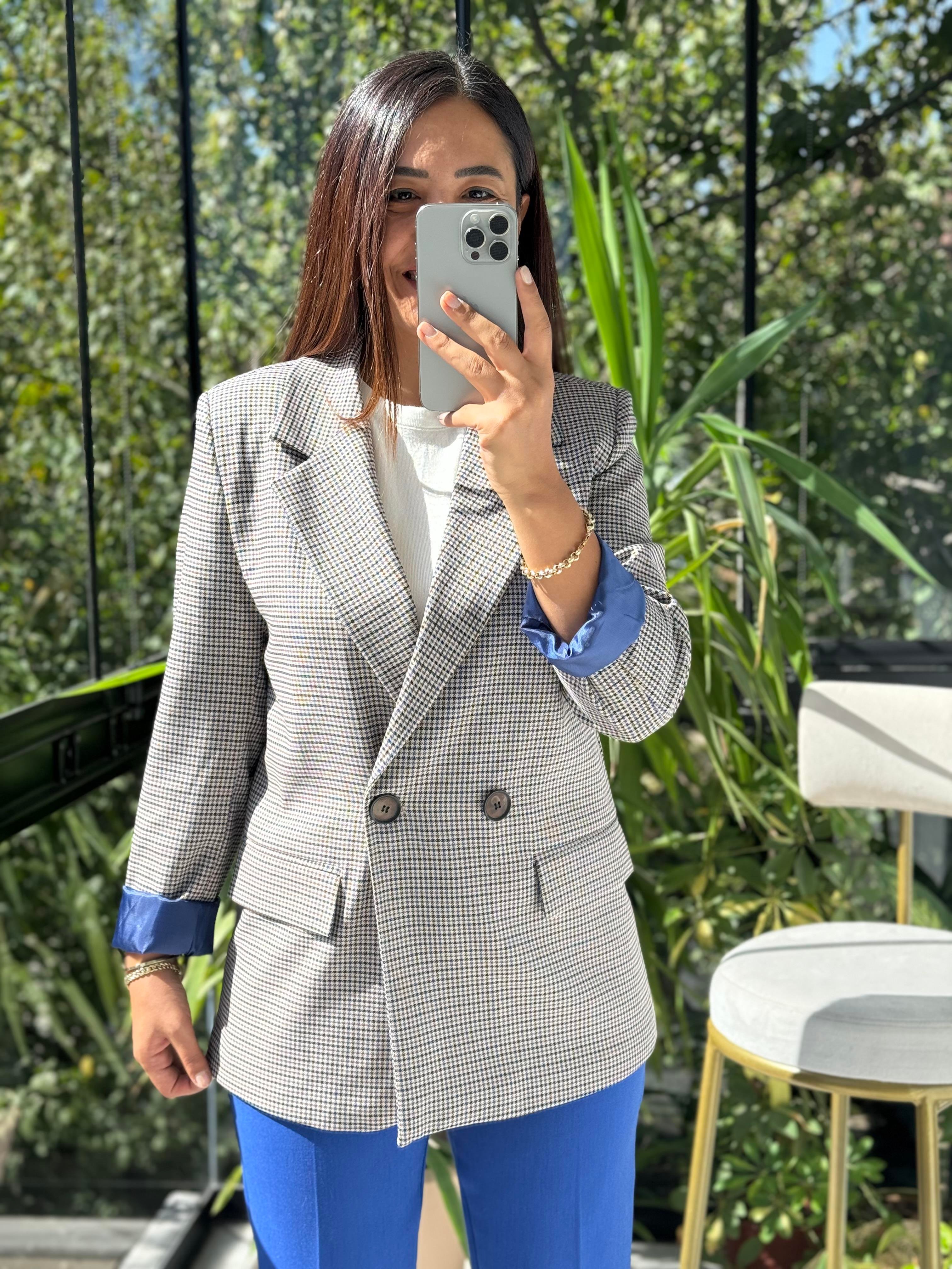 Ekose İki Düğme Ceket Sax Mavi