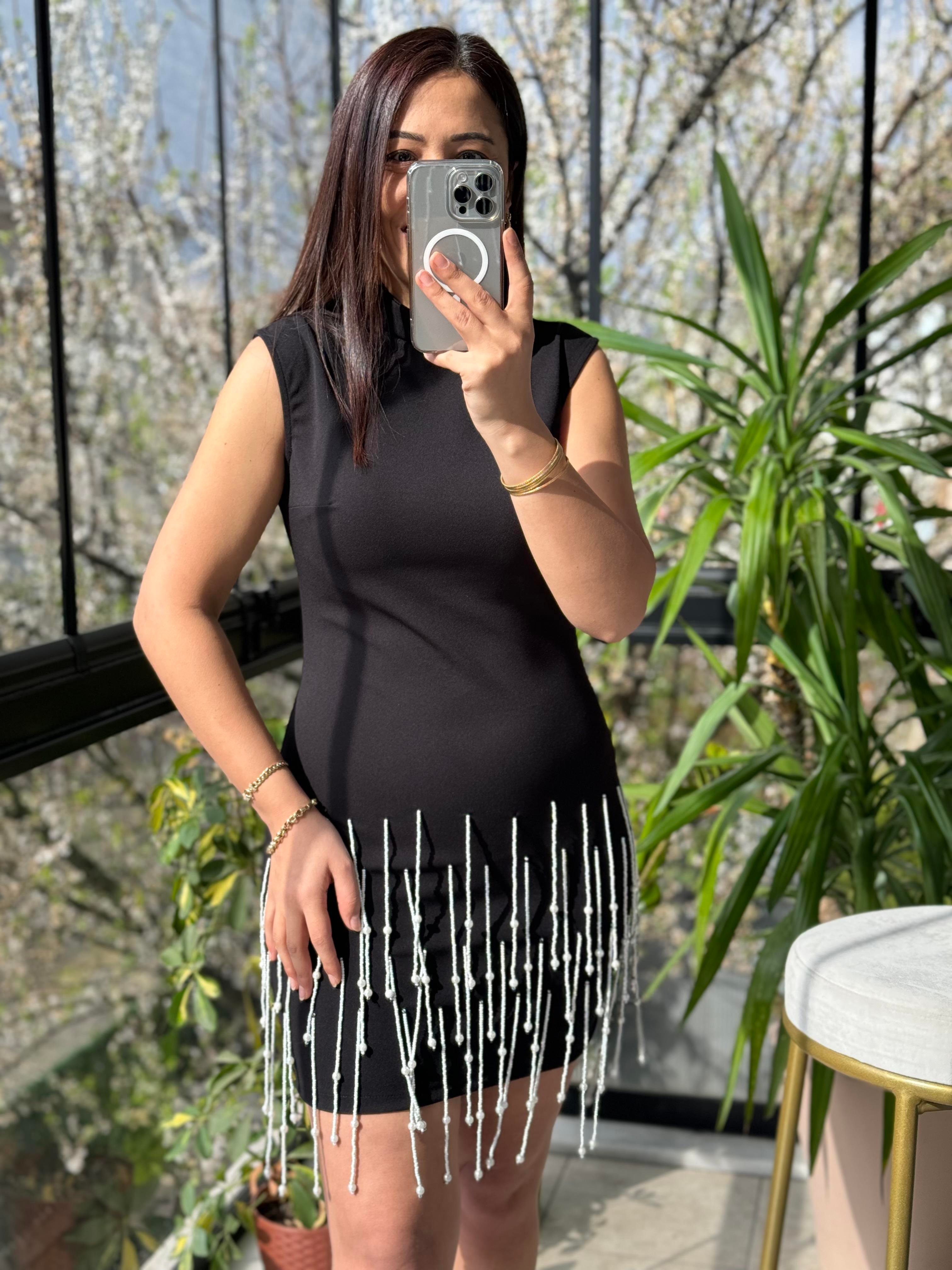 Eteği Taşlı Elbise Siyah