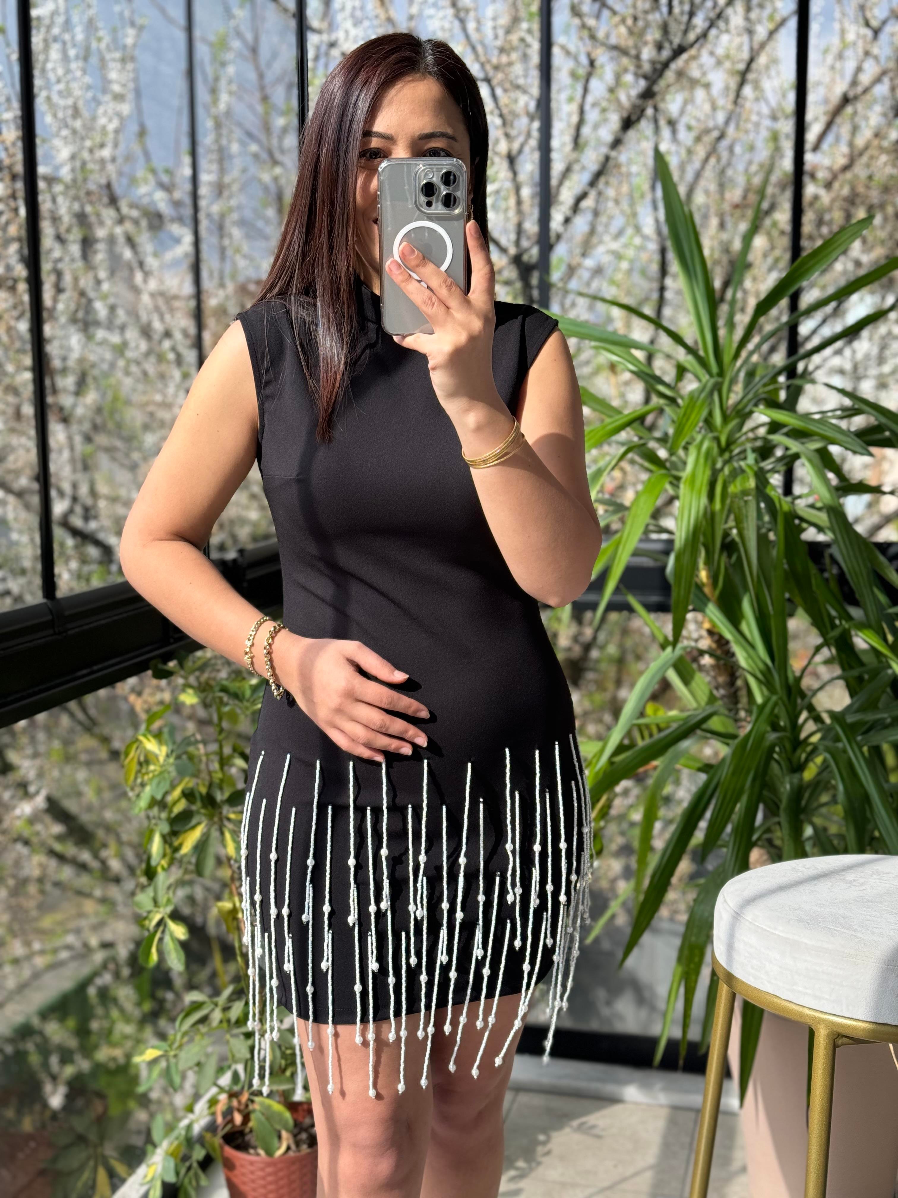 Eteği Taşlı Elbise Siyah