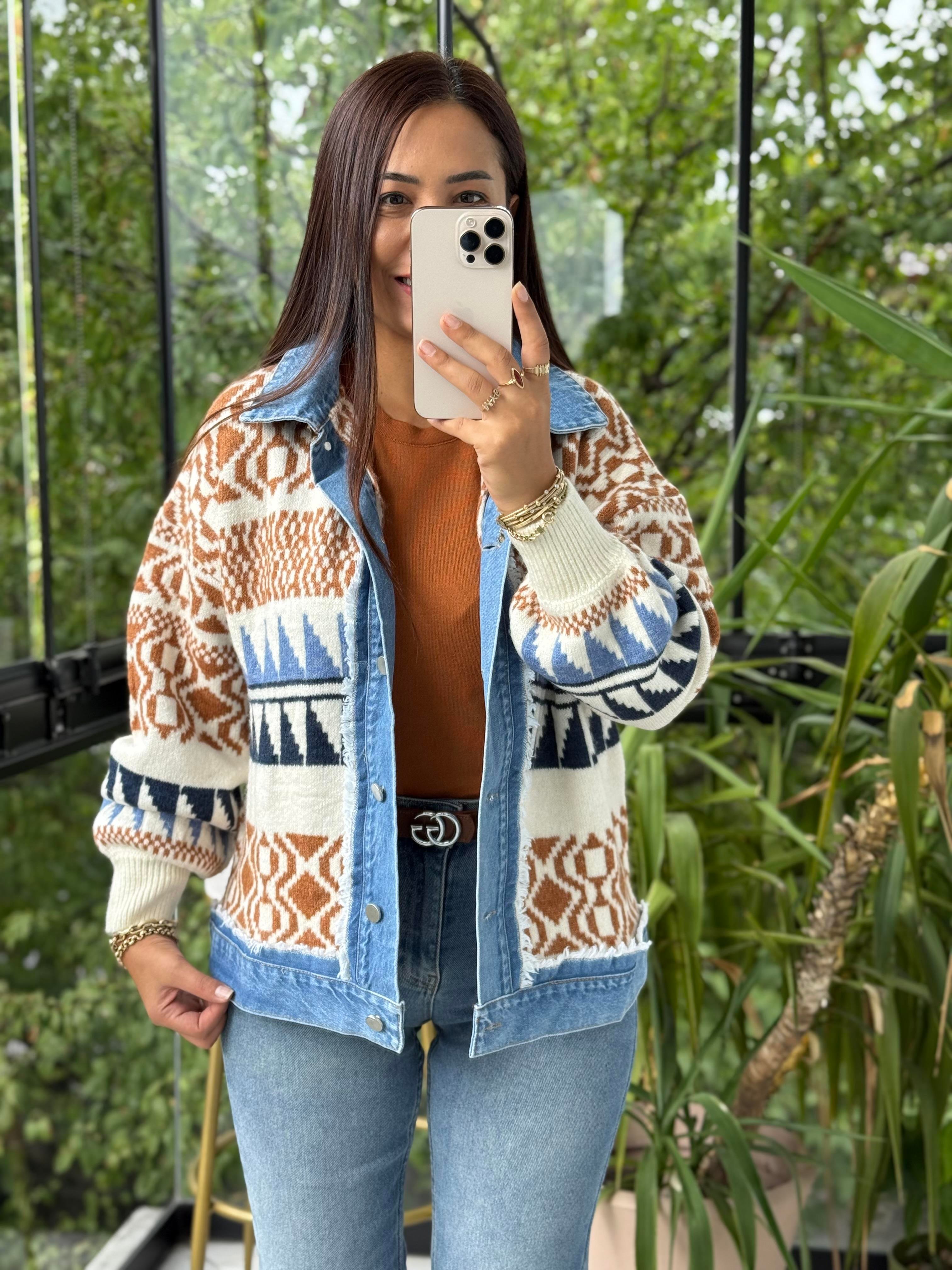 Etnik Desen Yumoş Parçalı Hırka Taba