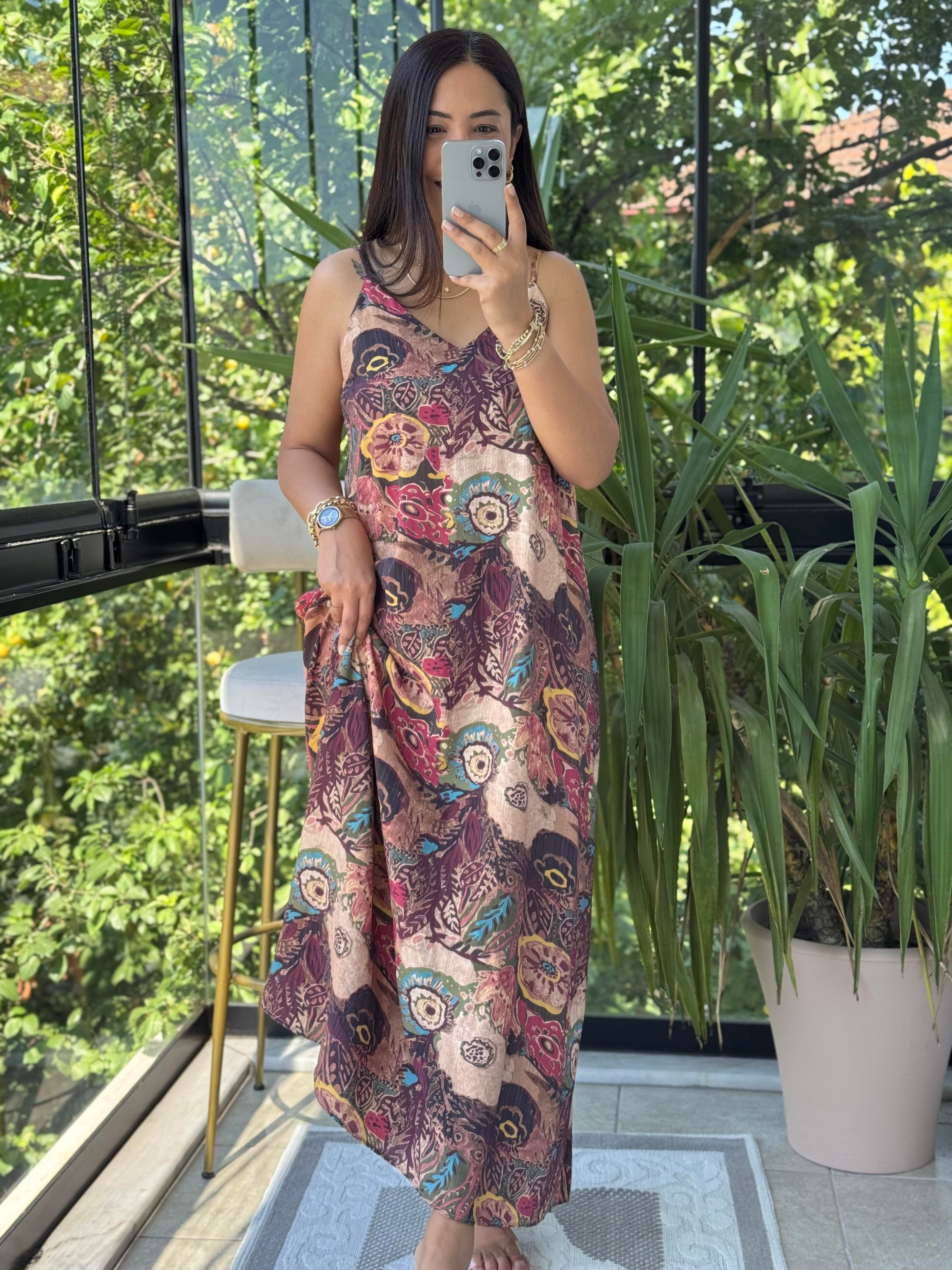 Etnik Desenli İp Askılı Elbise Kahve