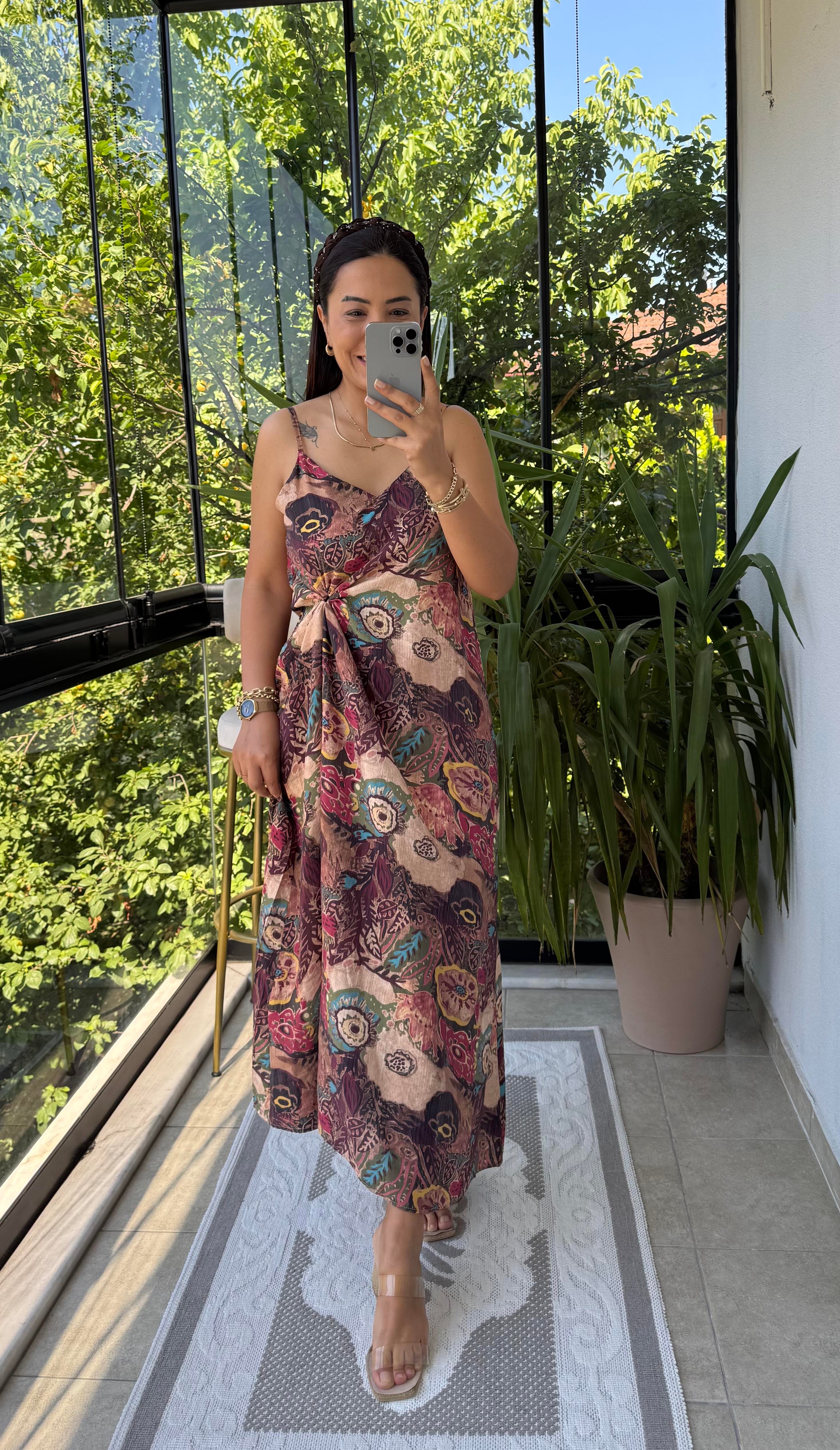 Etnik Desenli İp Askılı Elbise Kahve