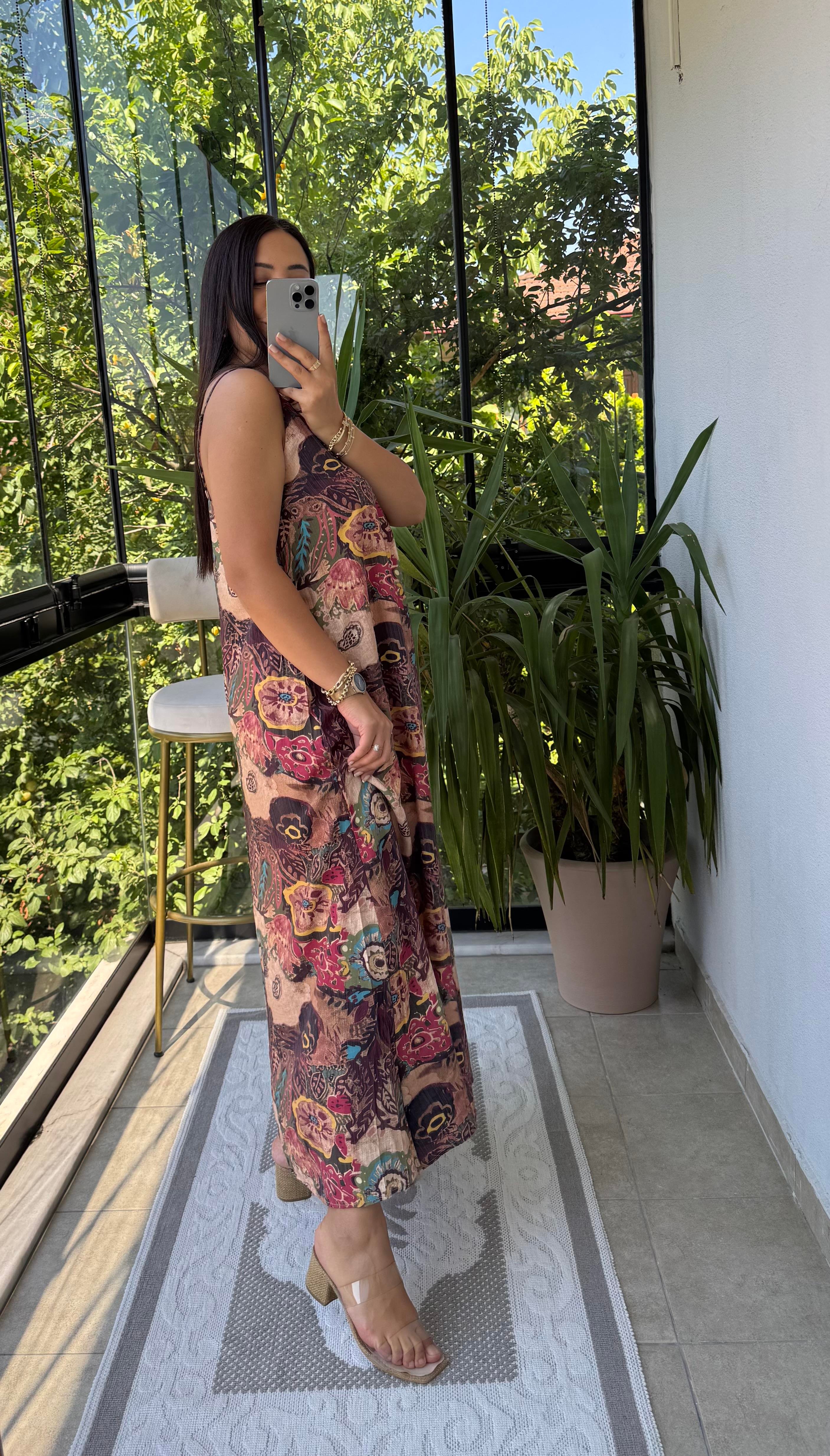 Etnik Desenli İp Askılı Elbise Kahve