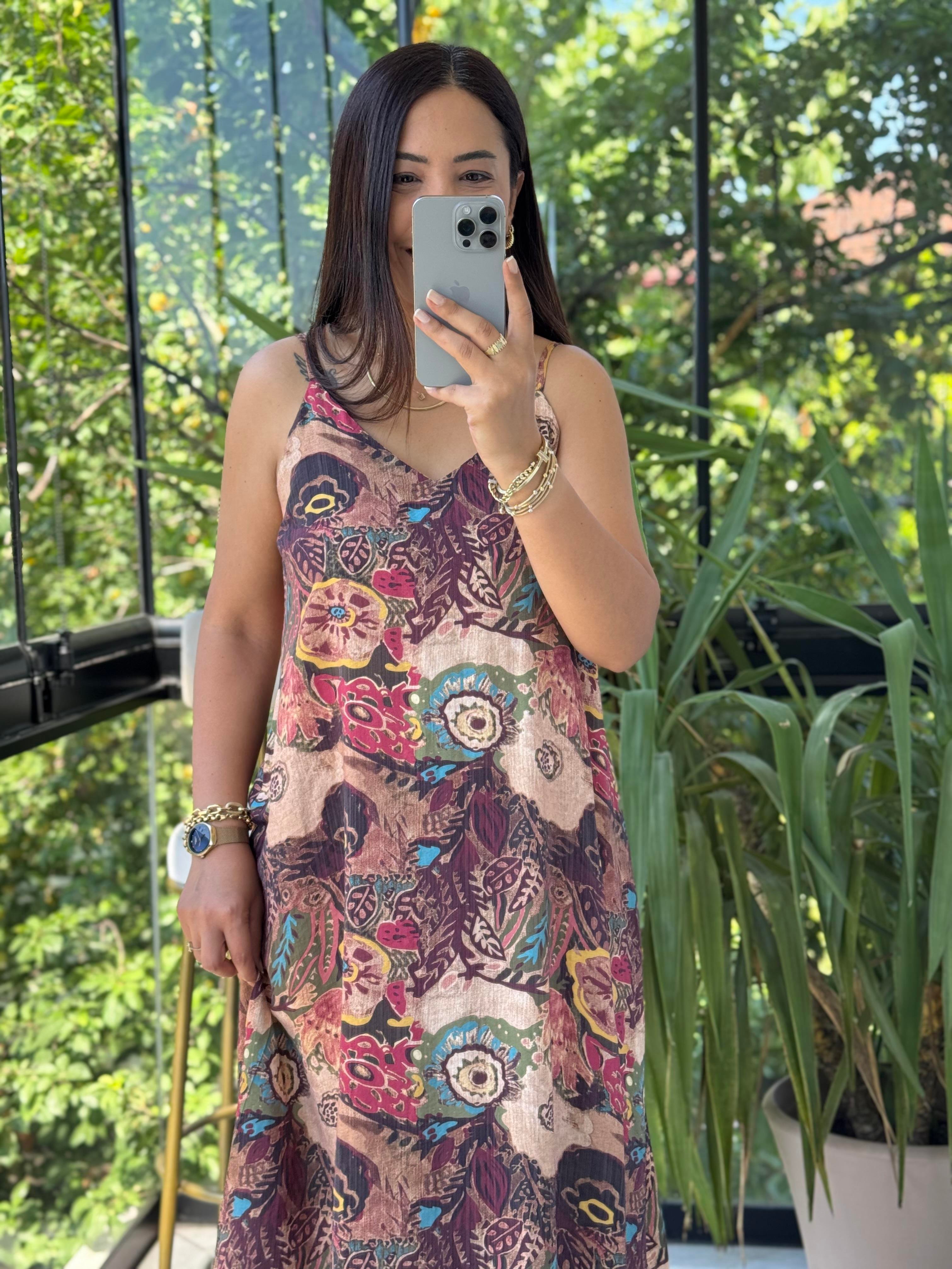 Etnik Desenli İp Askılı Elbise Kahve