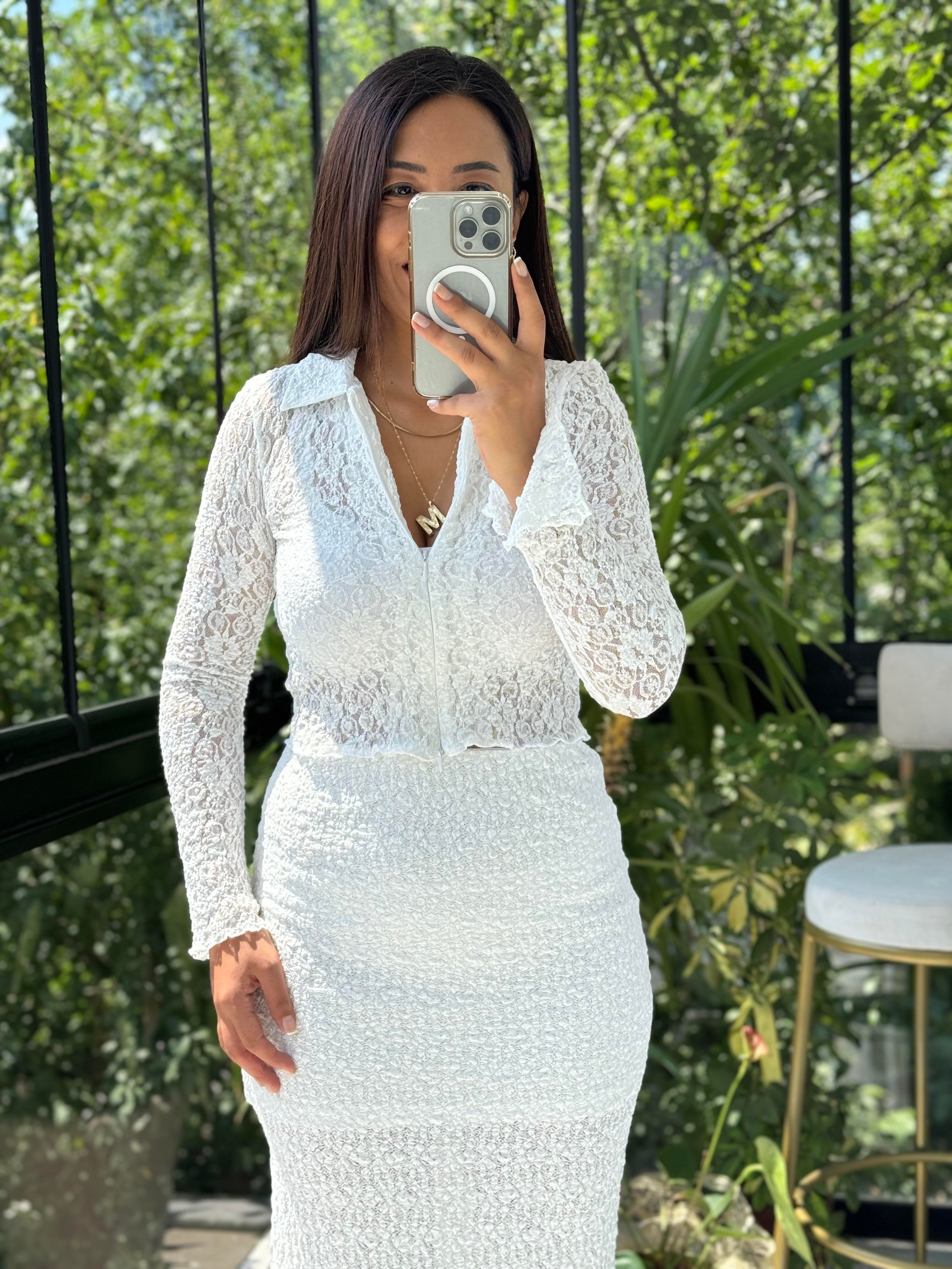 Fermuarlı Dantelli Gömlek Ekru