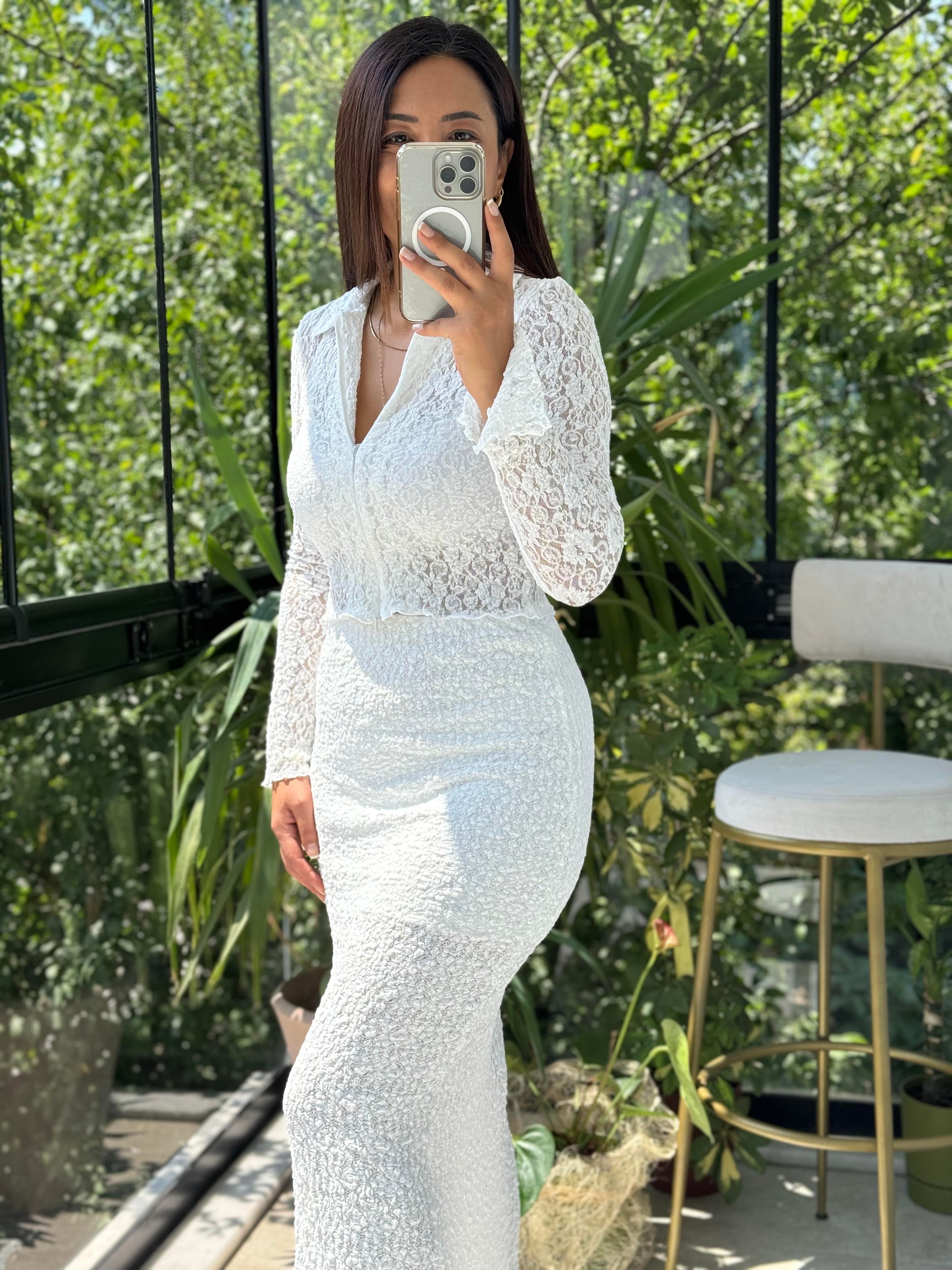 Fermuarlı Dantelli Gömlek Ekru