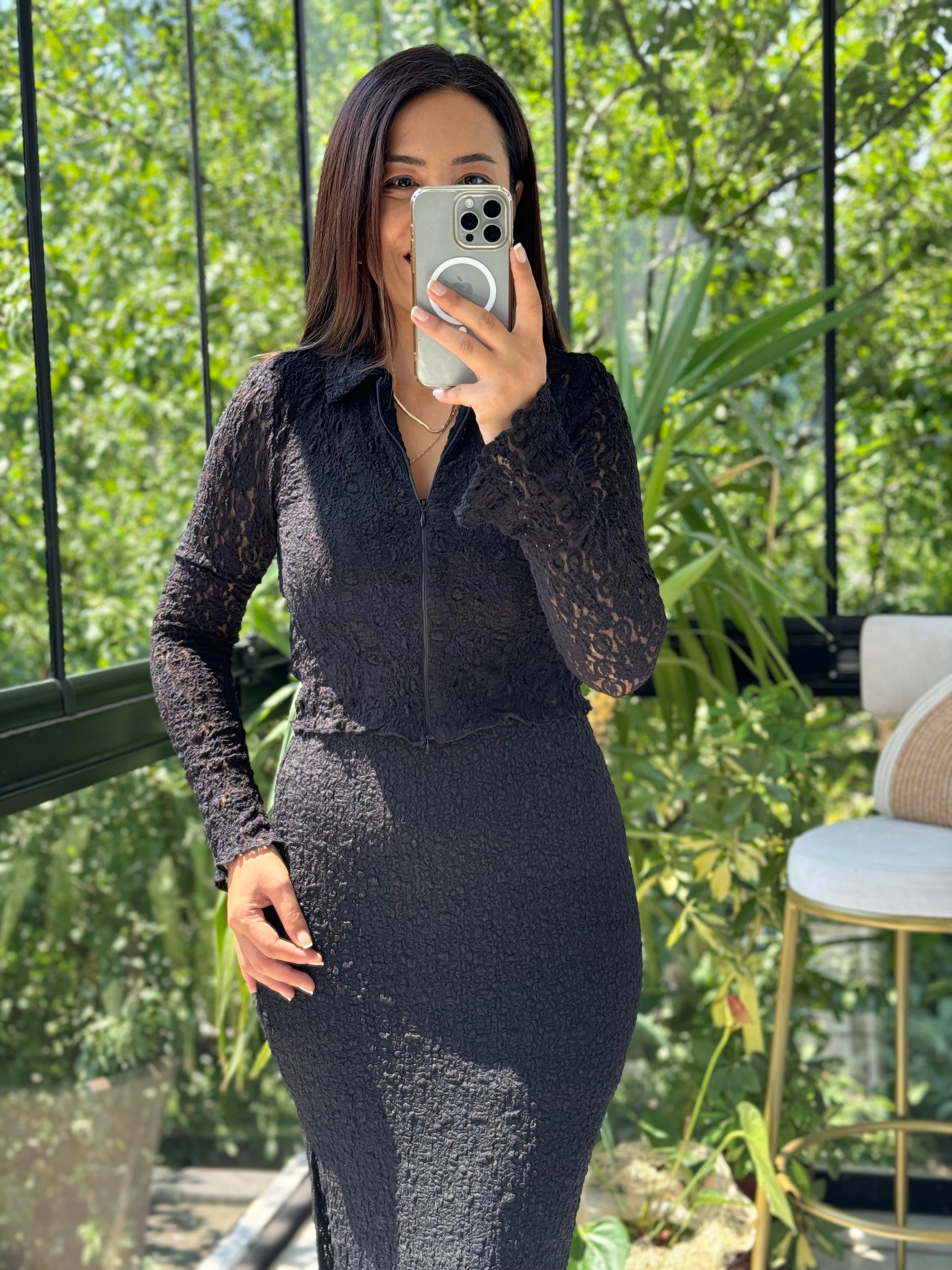 Fermuarlı Dantelli Gömlek Siyah