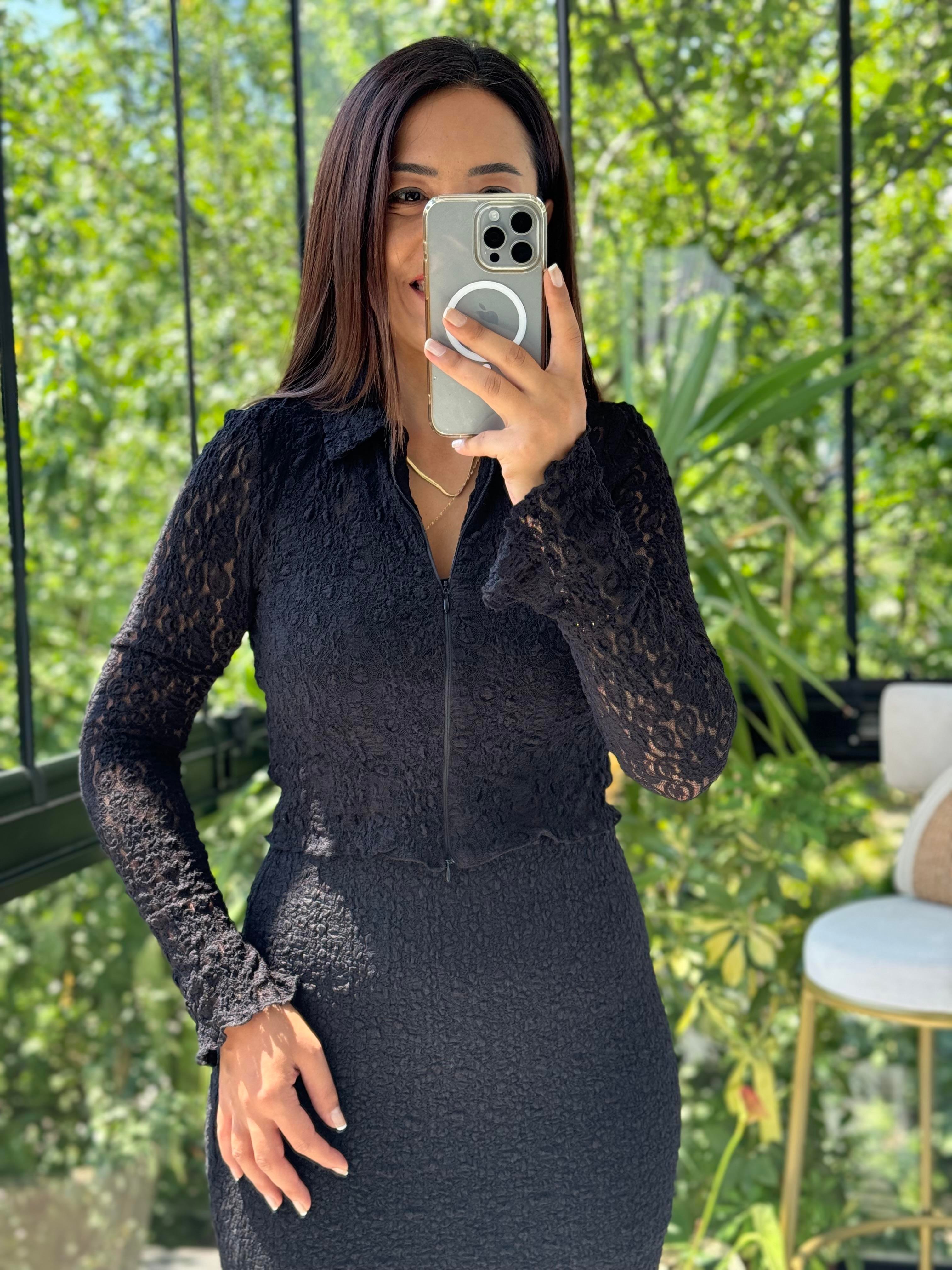 Fermuarlı Dantelli Gömlek Siyah