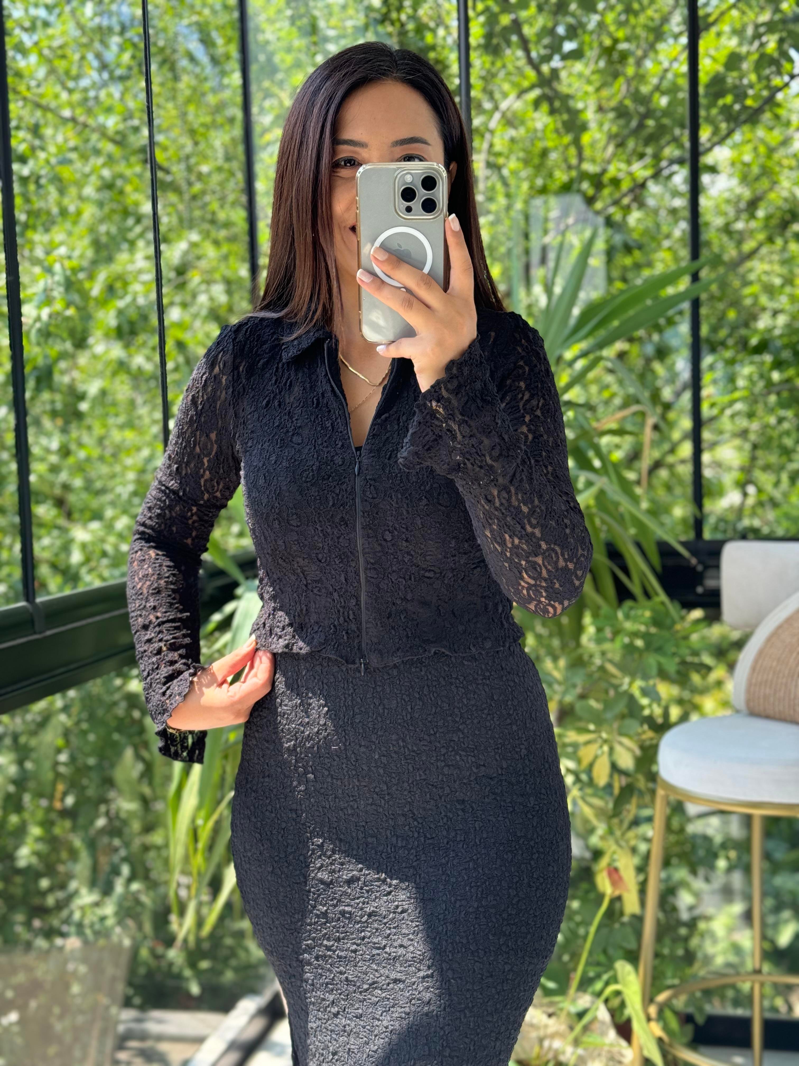 Fermuarlı Dantelli Gömlek Siyah