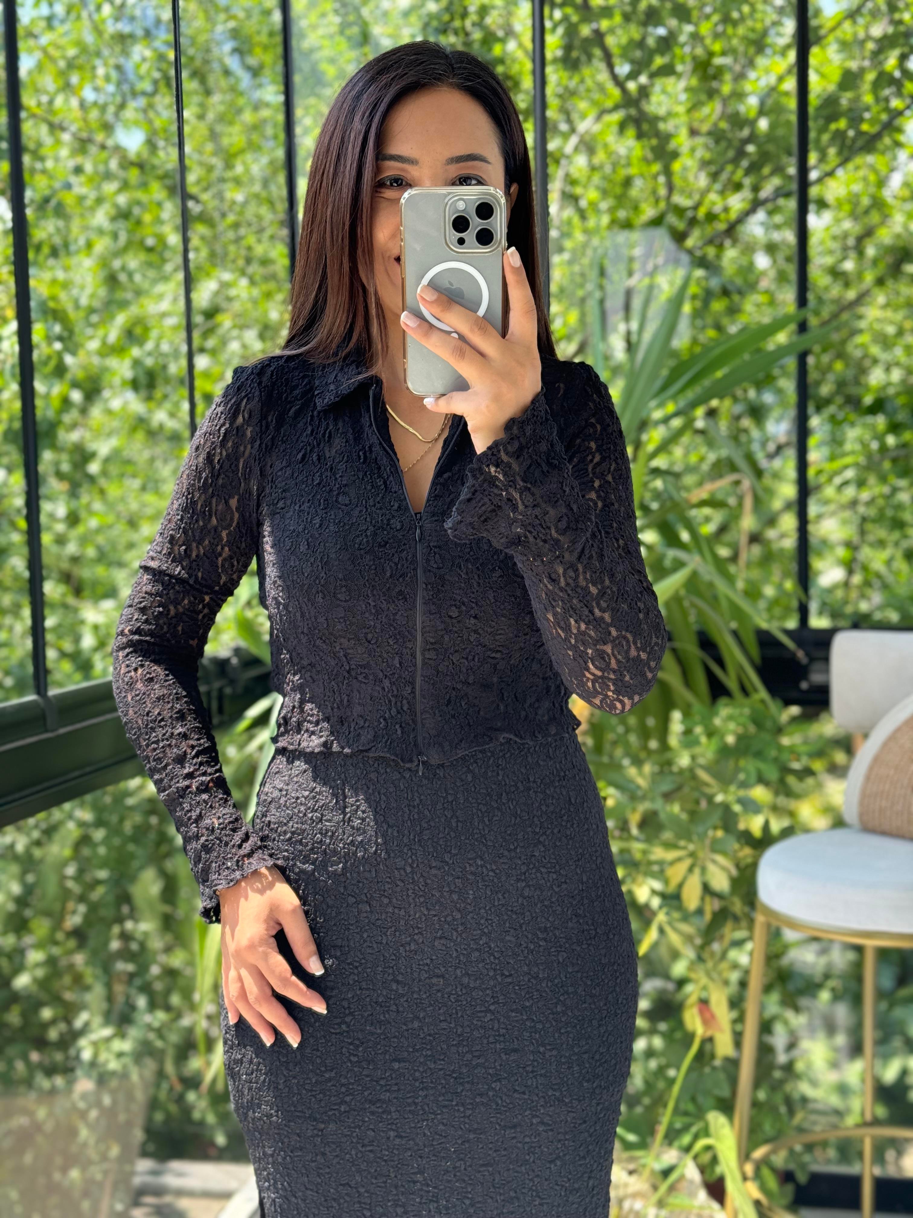 Fermuarlı Dantelli Gömlek Siyah