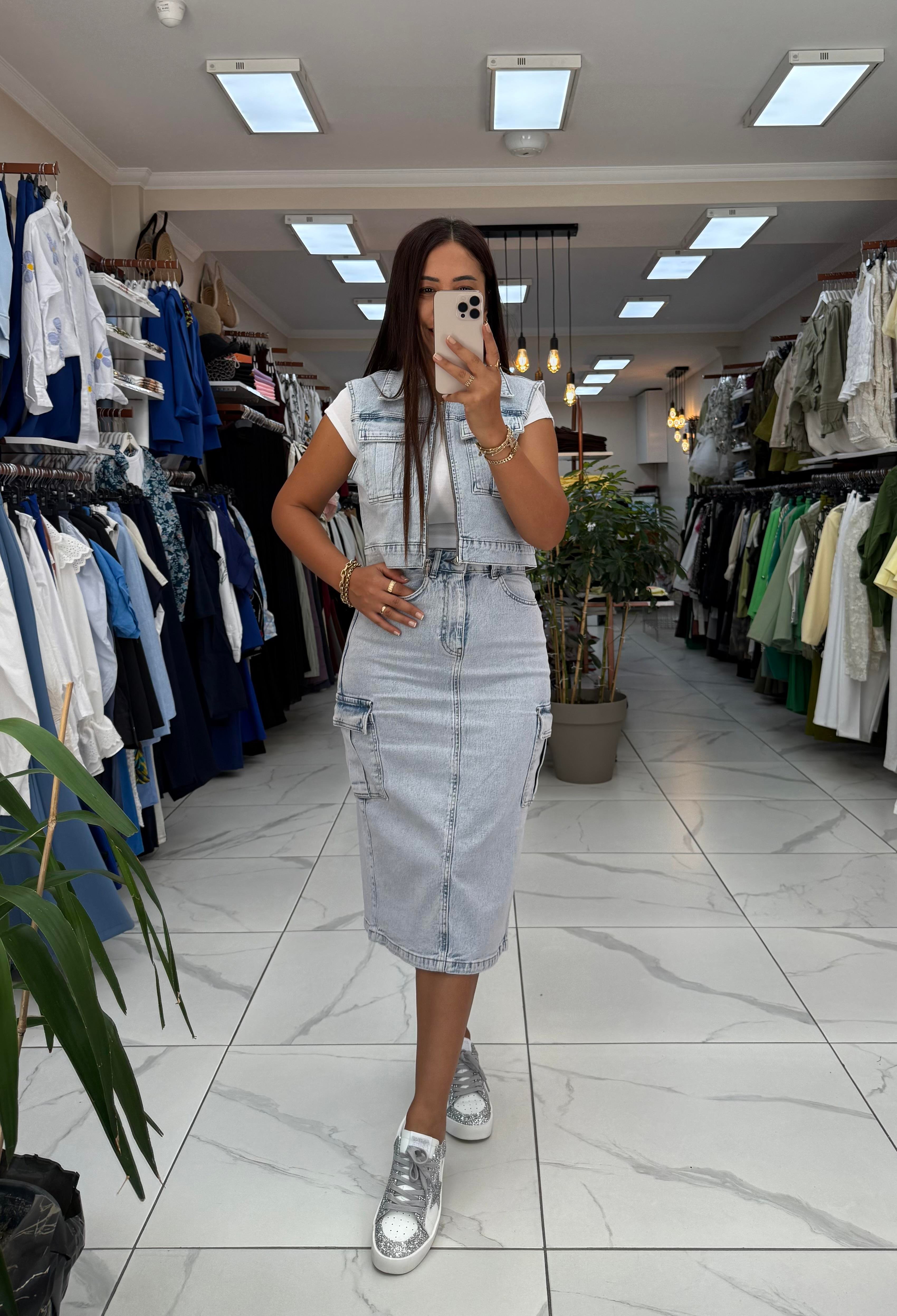 Fermuarlı Mini Kot Yelek Kar Yıkama