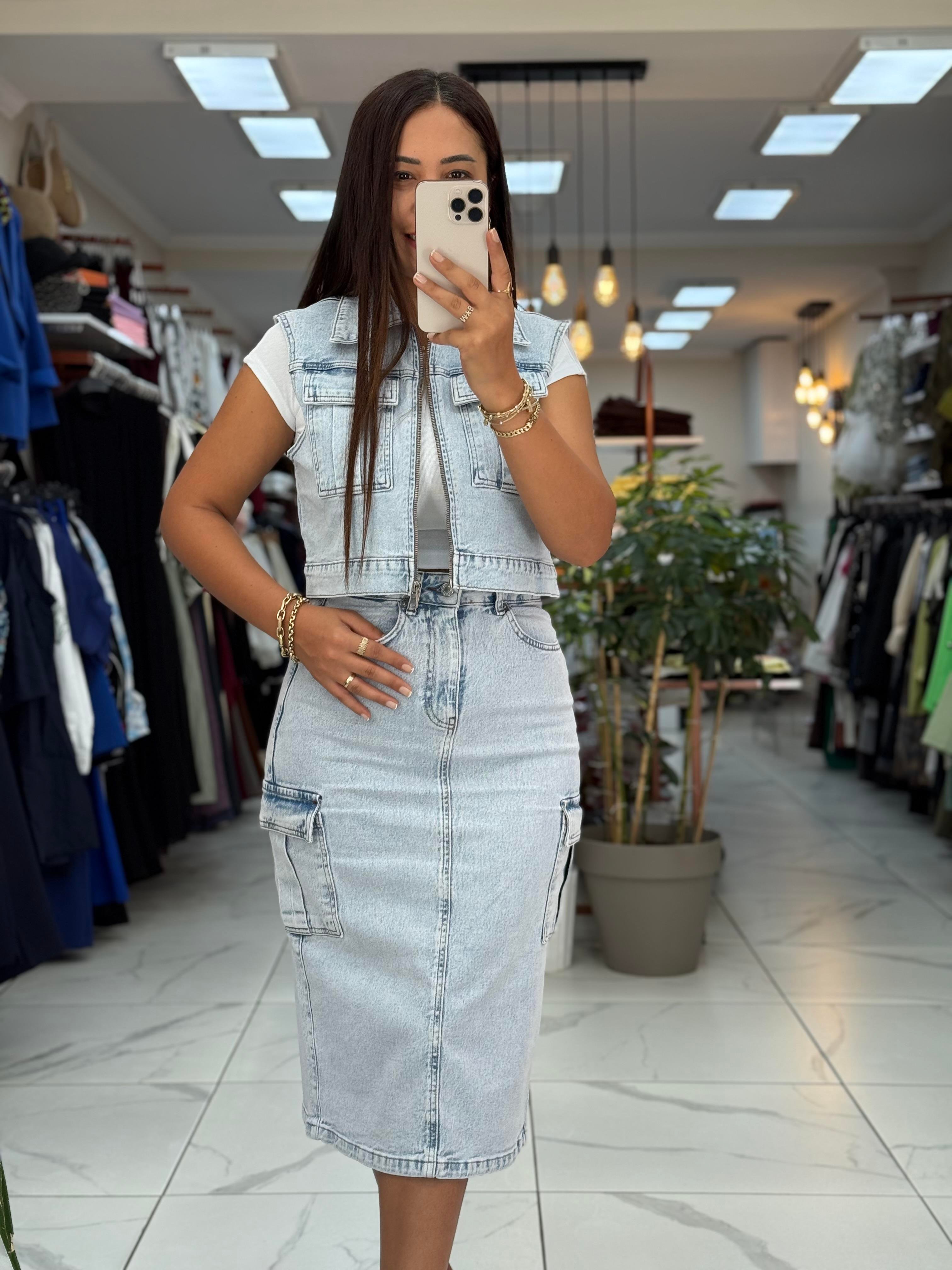 Fermuarlı Mini Kot Yelek Kar Yıkama