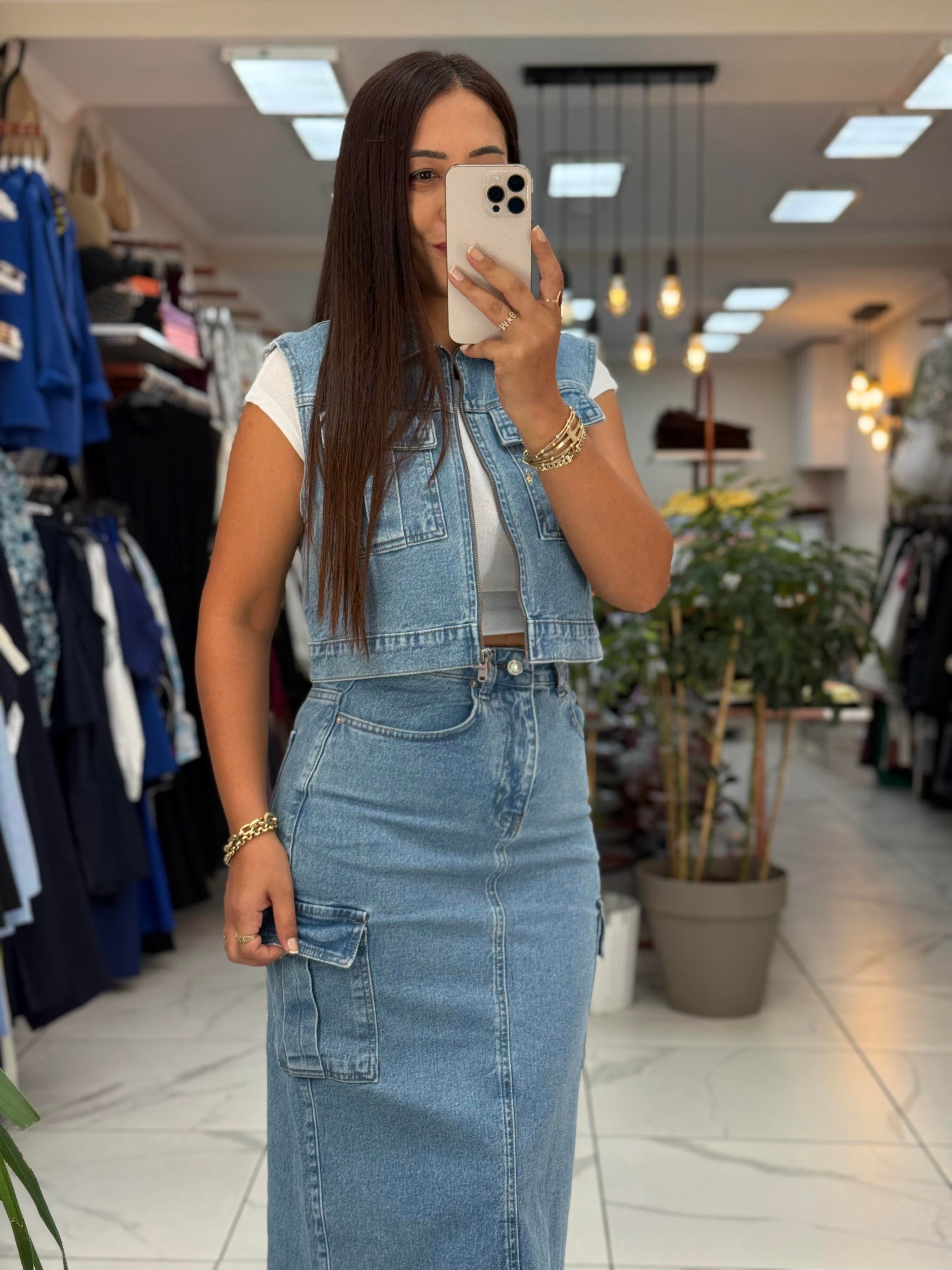 Fermuarlı Mini Kot Yelek Mavi