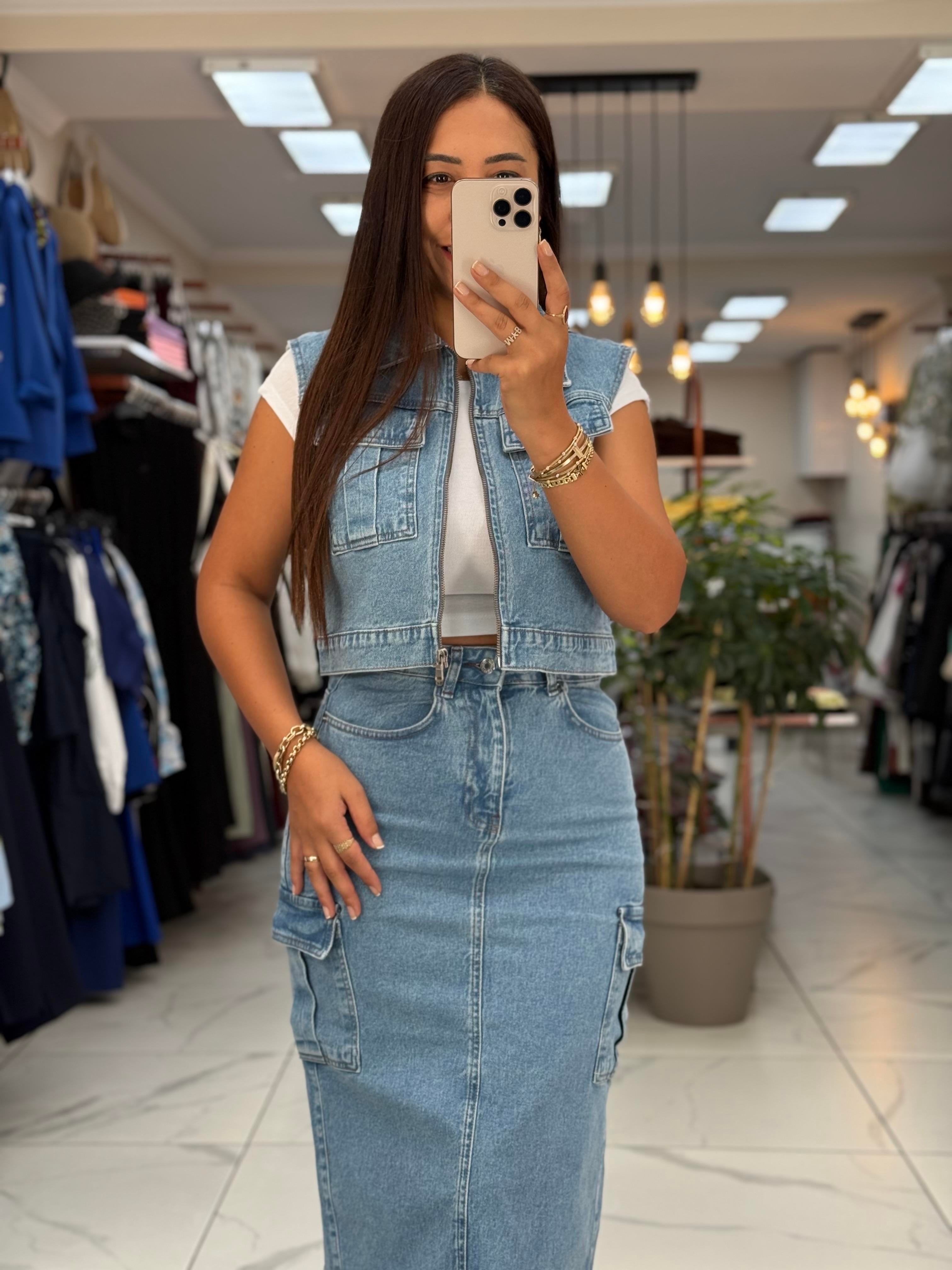 Fermuarlı Mini Kot Yelek Mavi