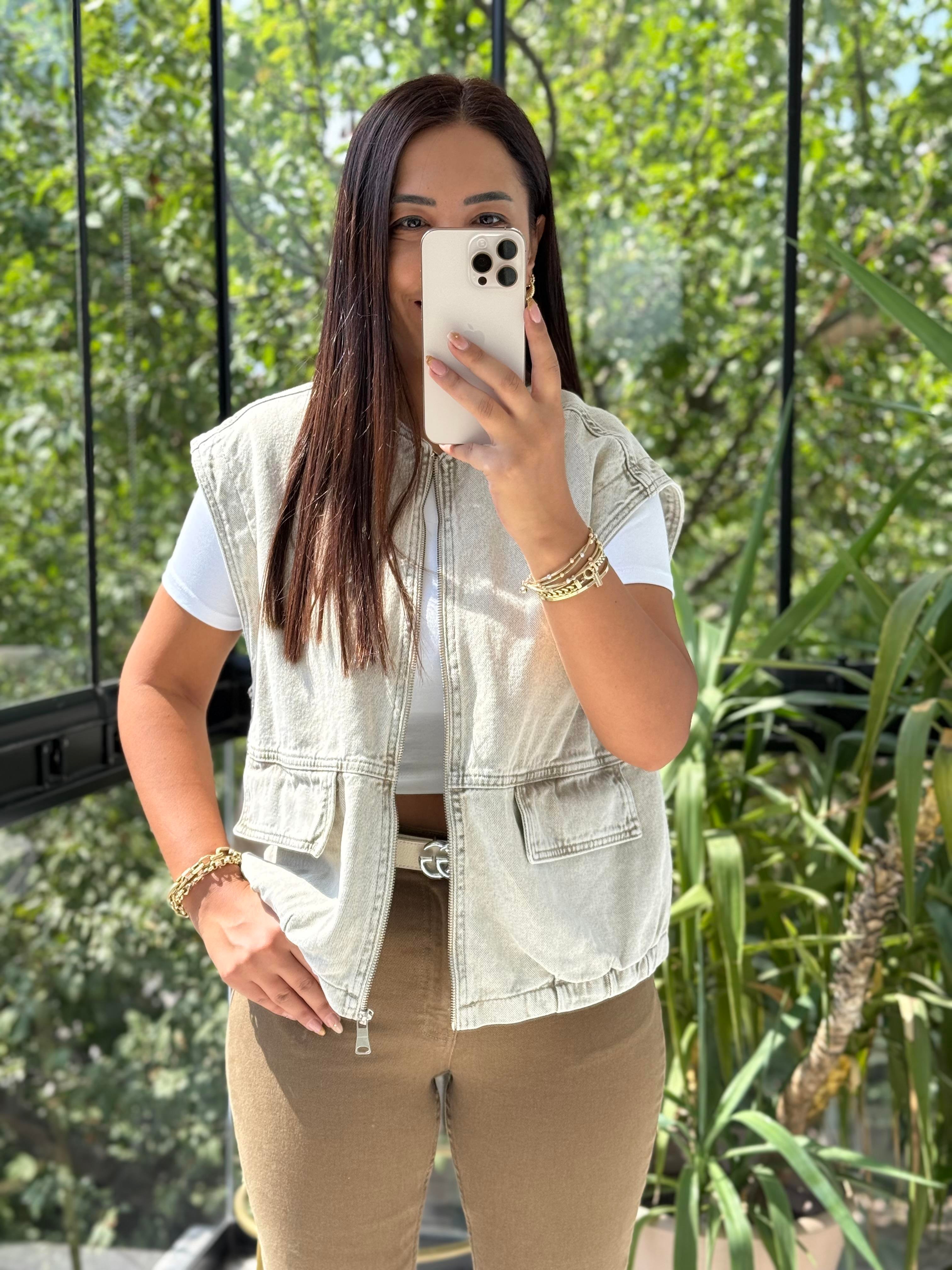 Fermuarlı Oversize Yelek Bej