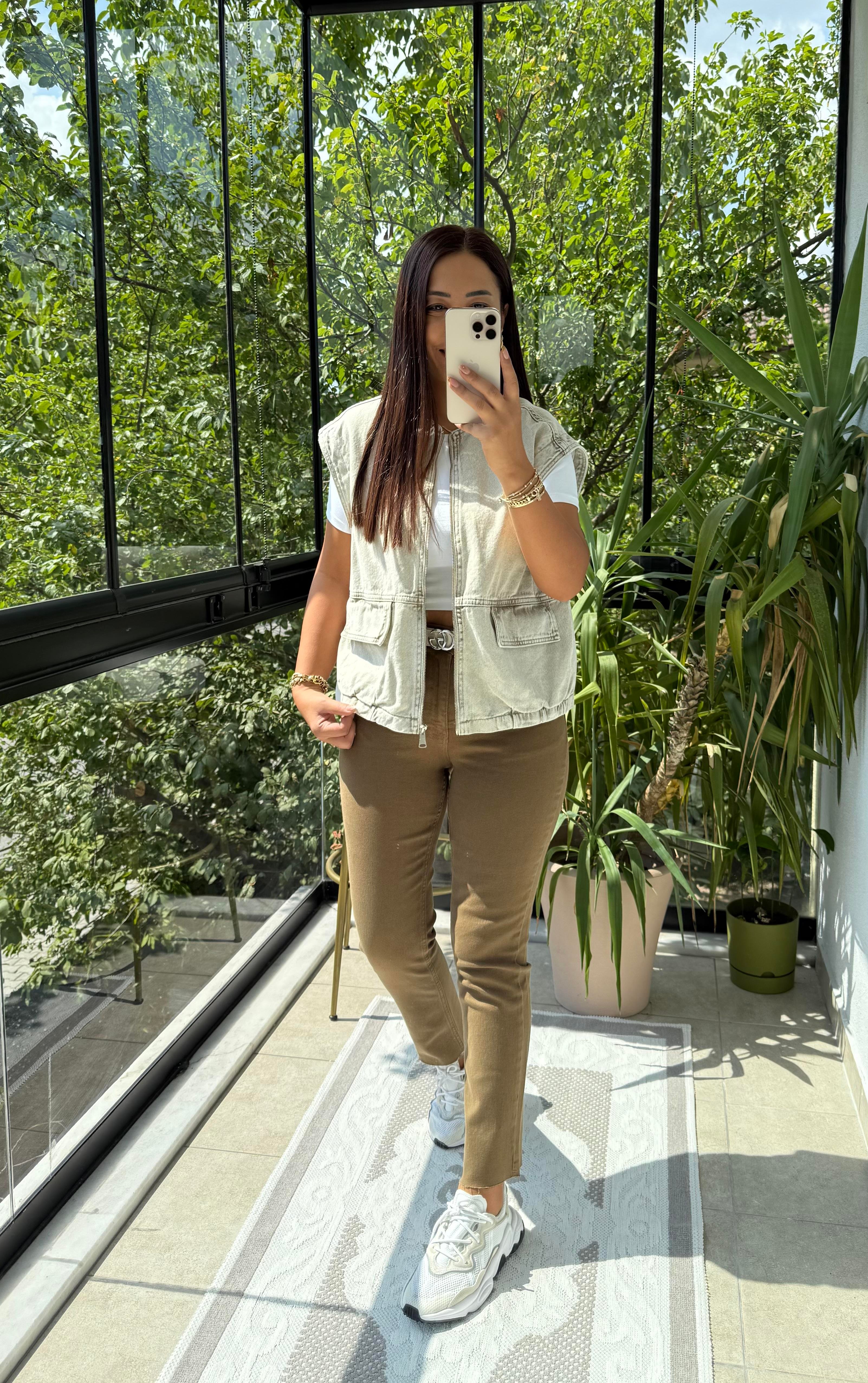 Fermuarlı Oversize Yelek Bej