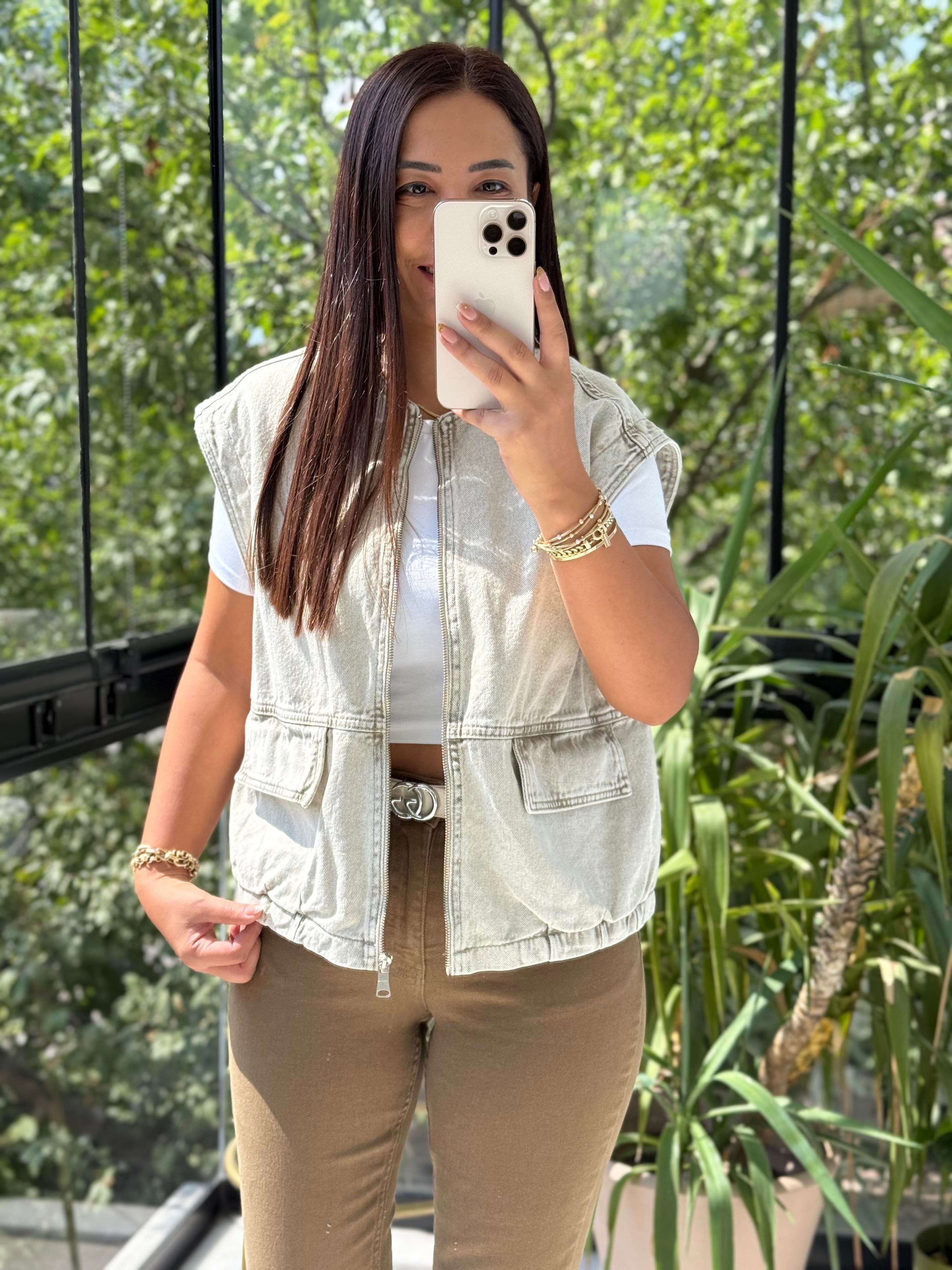 Fermuarlı Oversize Yelek Bej