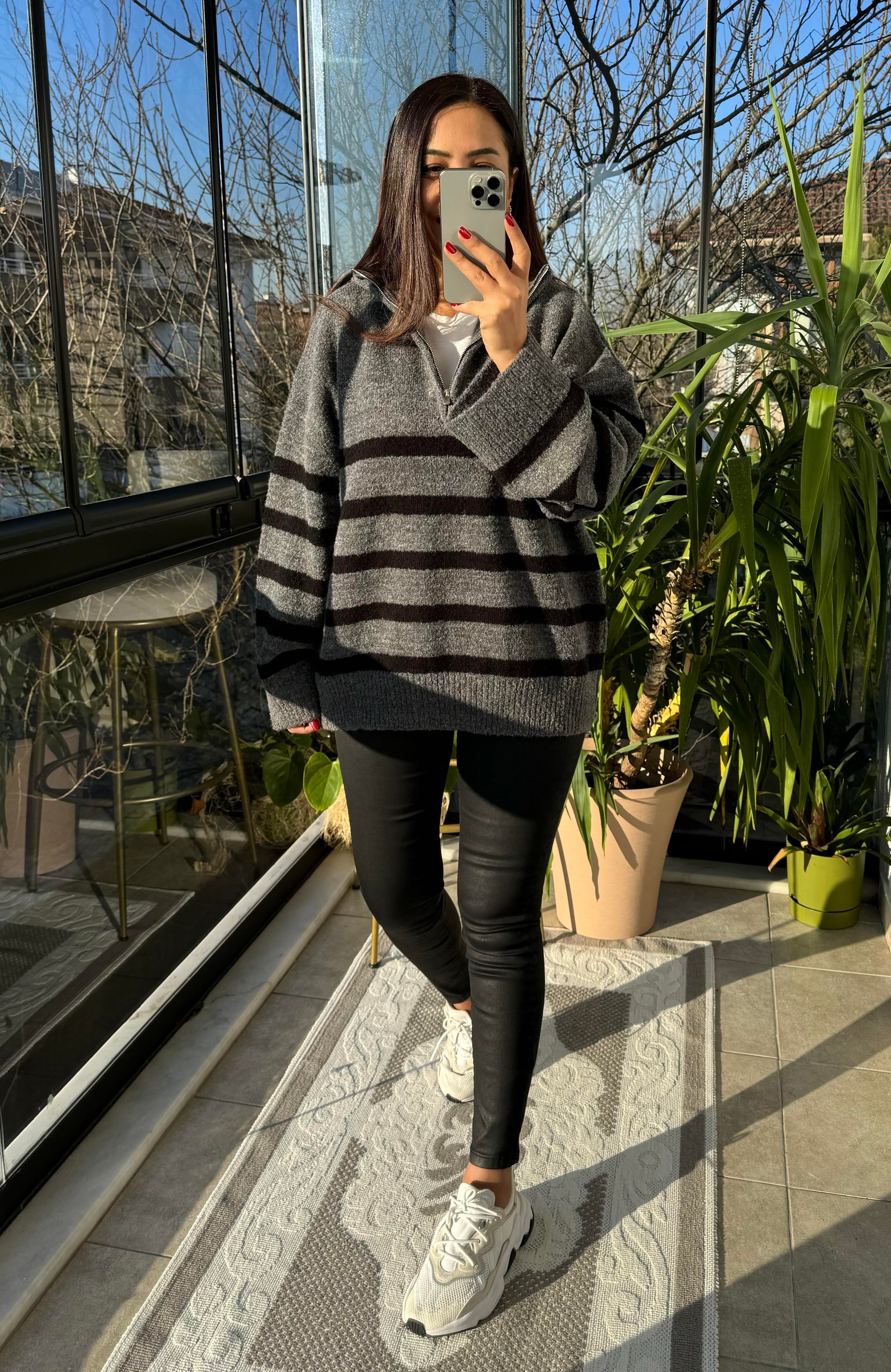 Fermuarlı Yumoş Kazak Gri