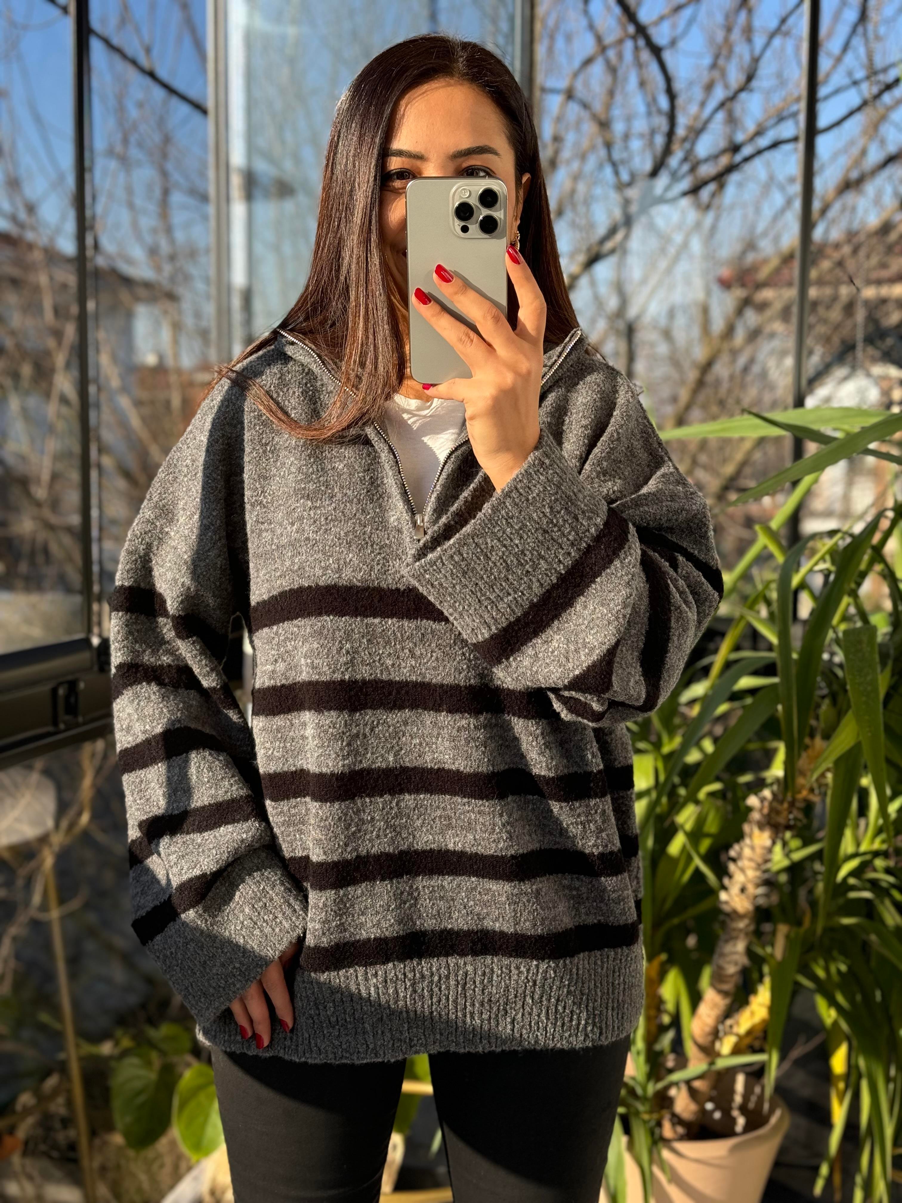 Fermuarlı Yumoş Kazak Gri