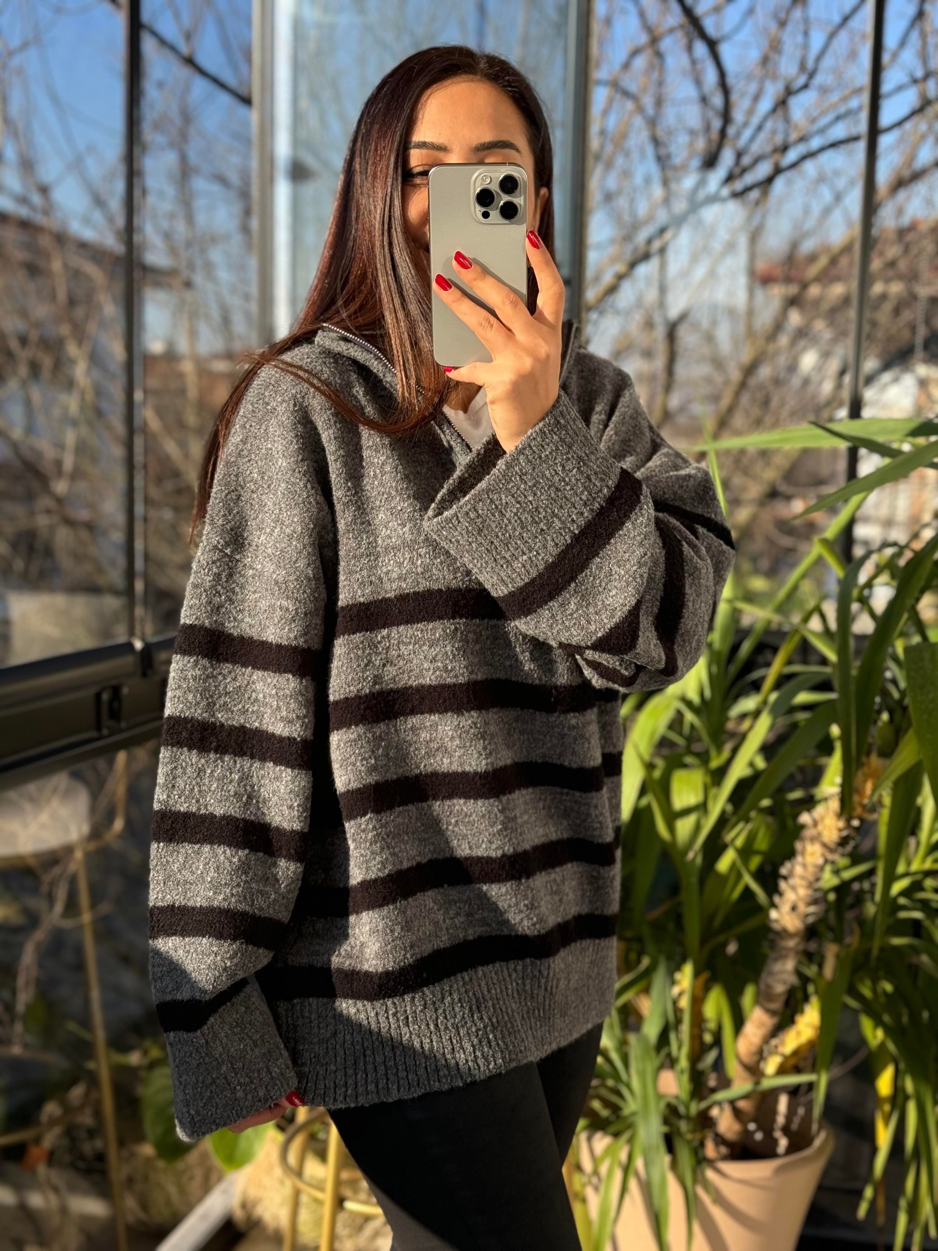 Fermuarlı Yumoş Kazak Gri